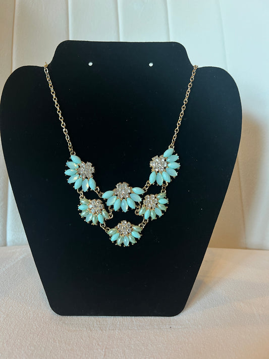 Turquois/Gold/Crystal Flower Bib Necklace