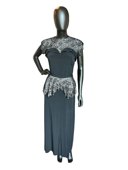 Vintage 40s Black Rayon/Lace Formal Gown