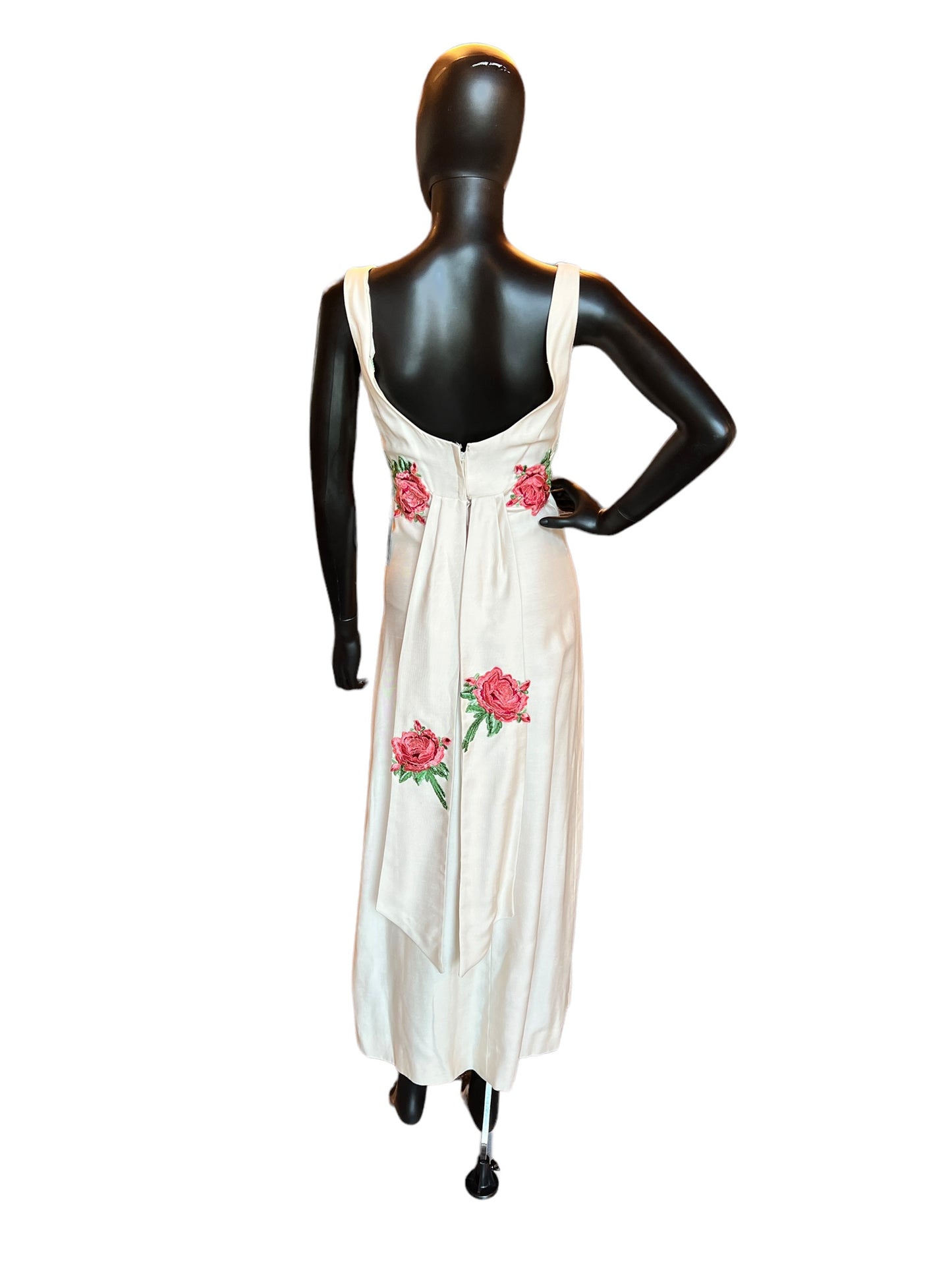 Vintage 60s Cream Linen Rose Appliqué Party Dress / Cocktail Dress / Evening Gown