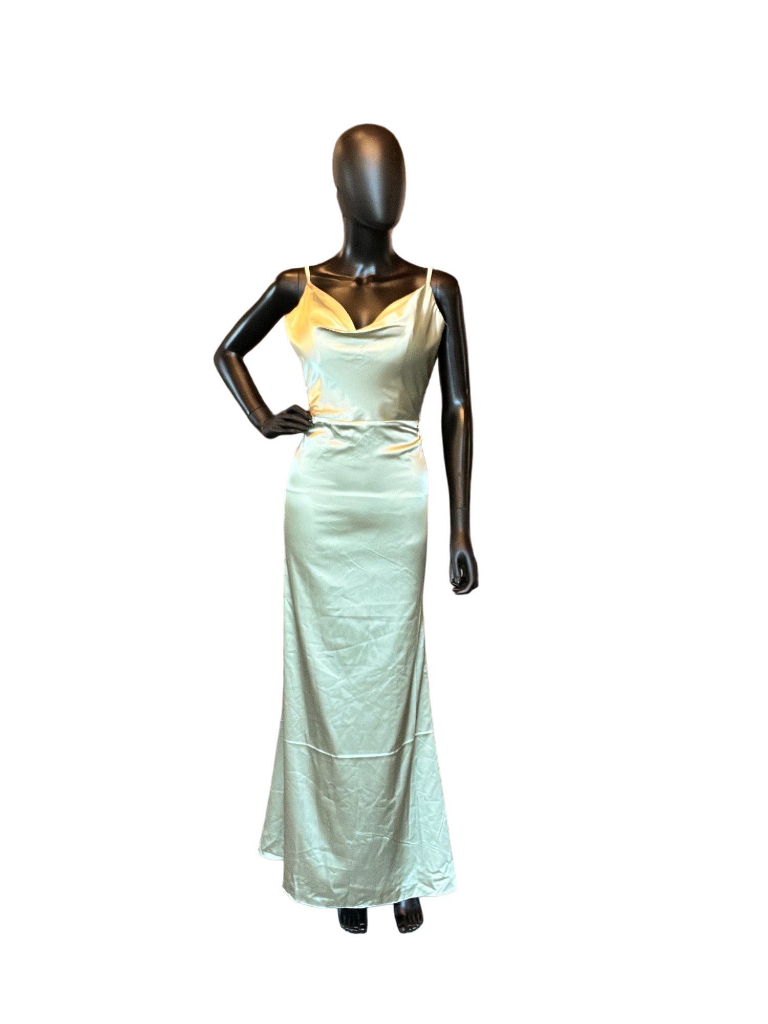 Sage Satin Drape Cowl Spaghetti Strap Formal Dress - NWT Hebeos Arabella Bridal Sage Satin Drape Cowl Spaghetti Strap Formal Dress - NWT Hebeos Arabella Bridal