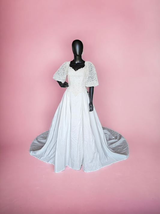 Vintage 80s Lace Sleeve Taffeta Wedding Gown