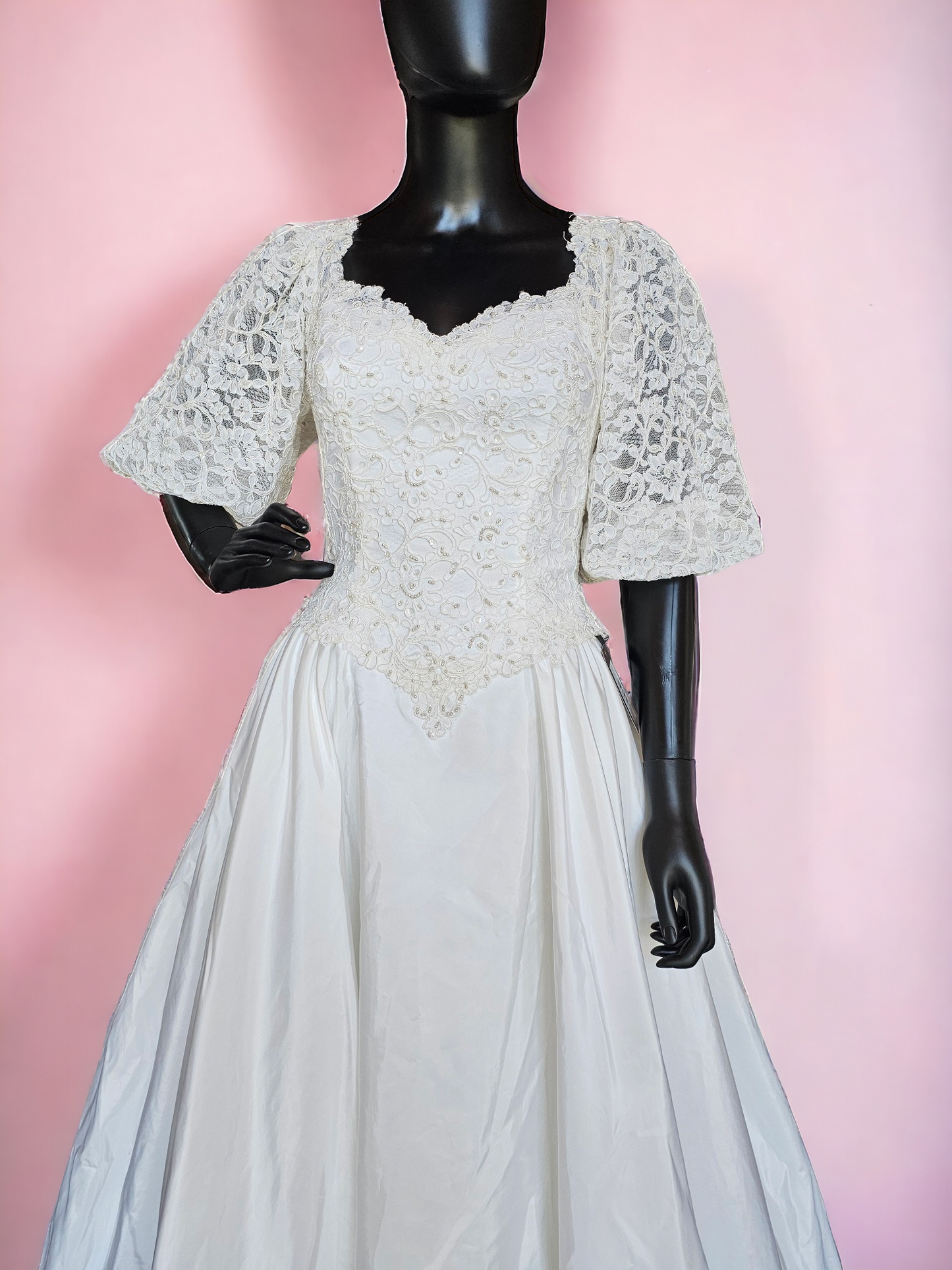 Vintage 80s Lace Sleeve Taffeta Wedding Gown