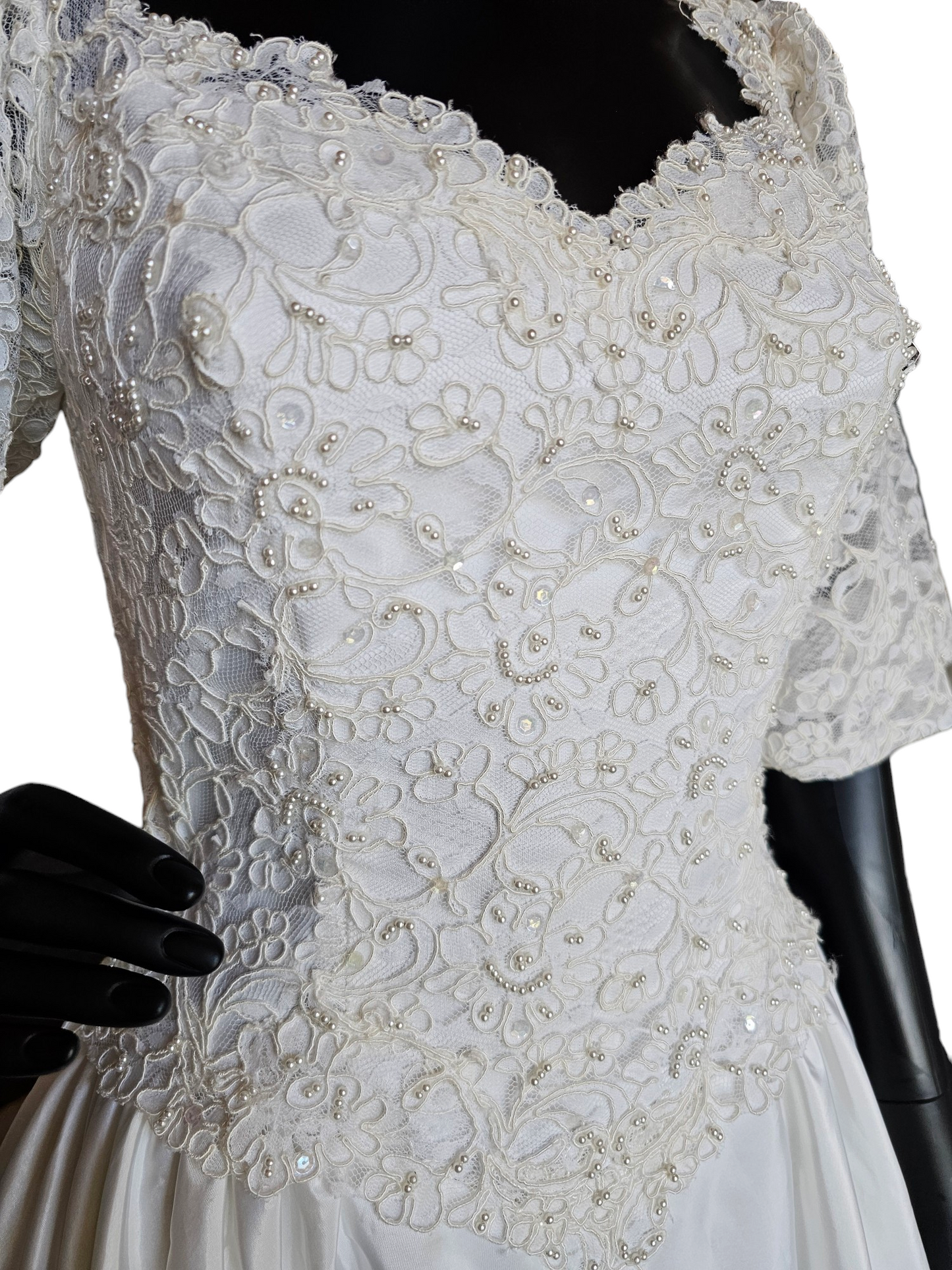 Vintage 80s Lace Sleeve Taffeta Wedding Gown