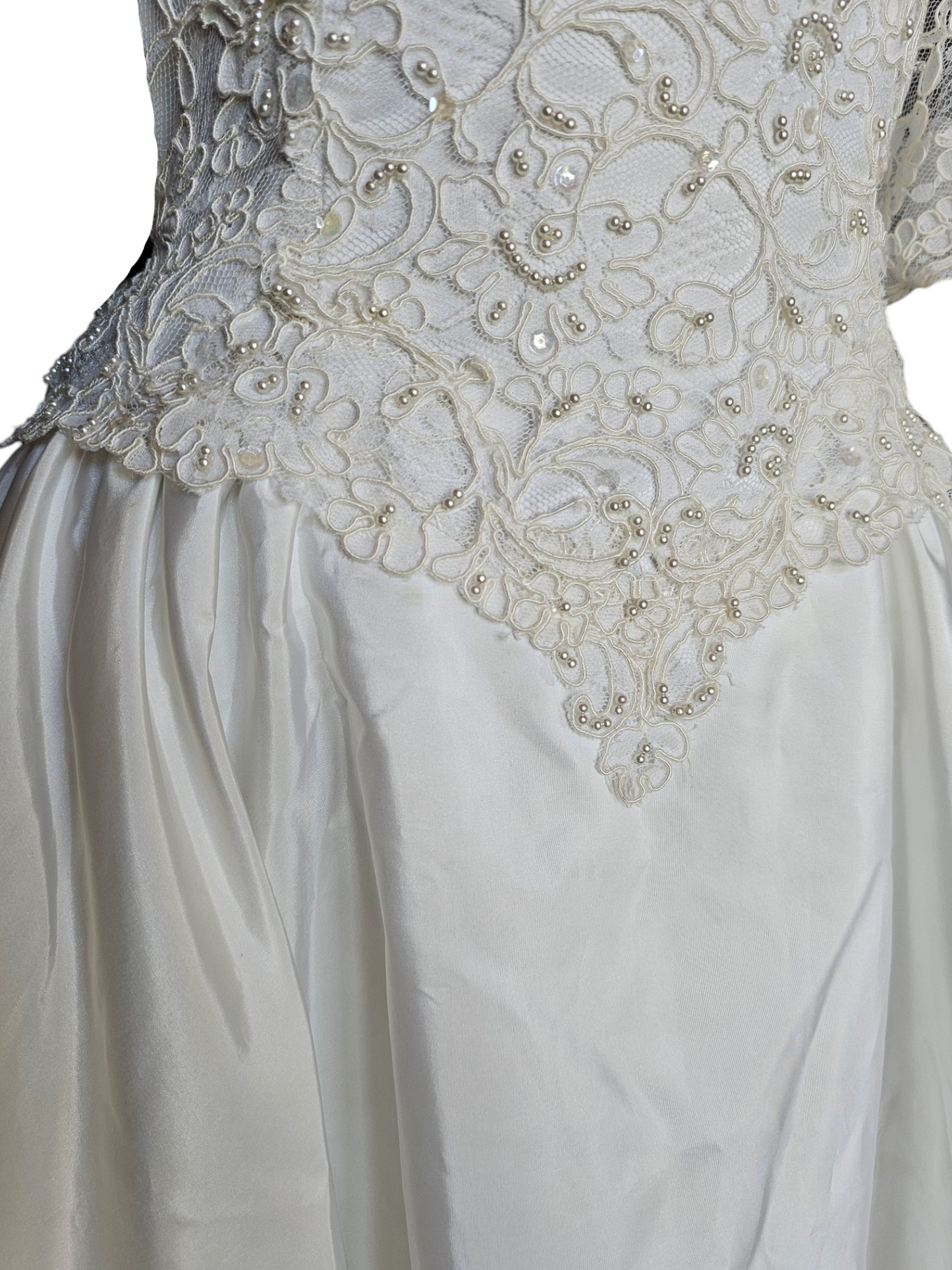 Vintage 80s Lace Sleeve Taffeta Wedding Gown