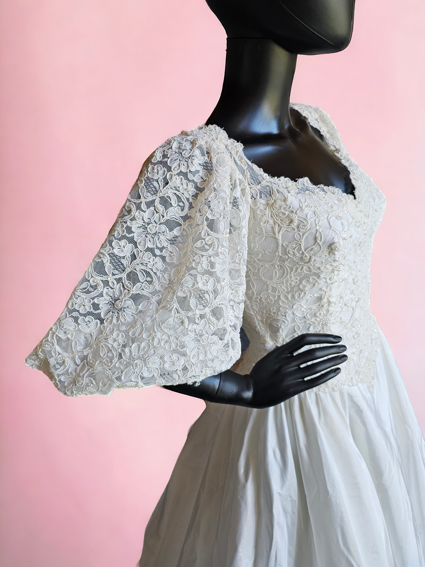 Vintage 80s Lace Sleeve Taffeta Wedding Gown