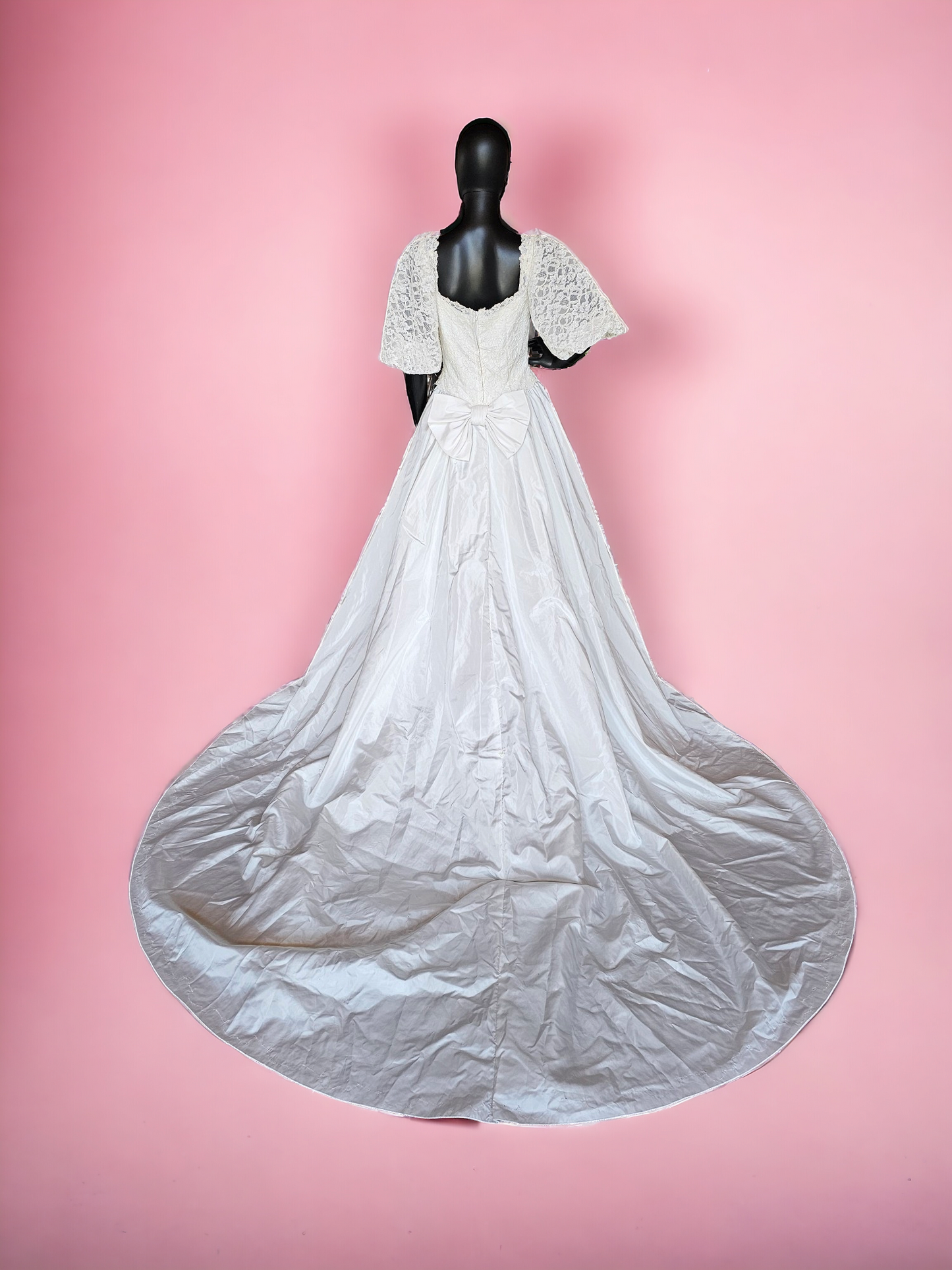 Vintage 80s Lace Sleeve Taffeta Wedding Gown