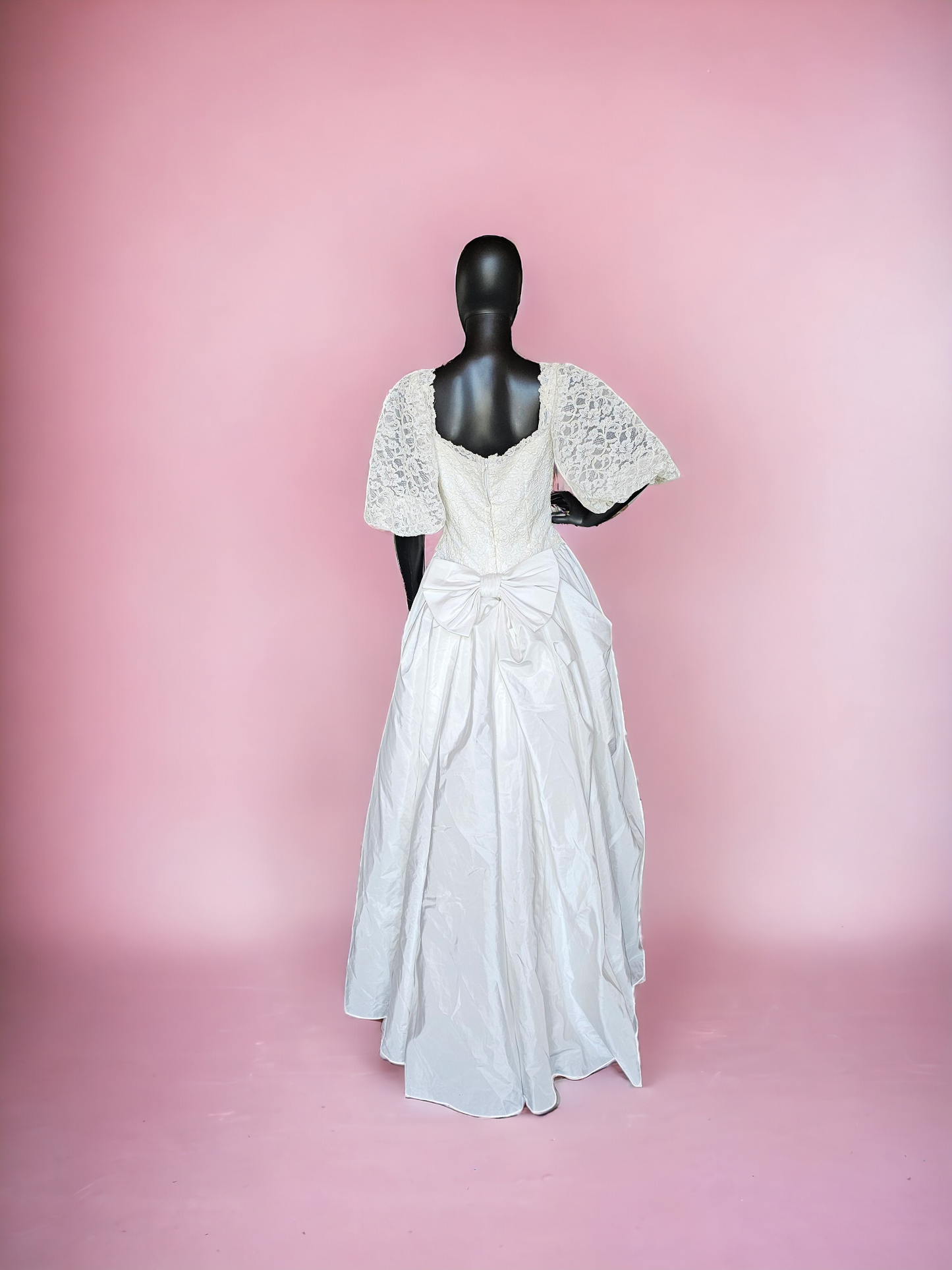 Vintage 80s Lace Sleeve Taffeta Wedding Gown