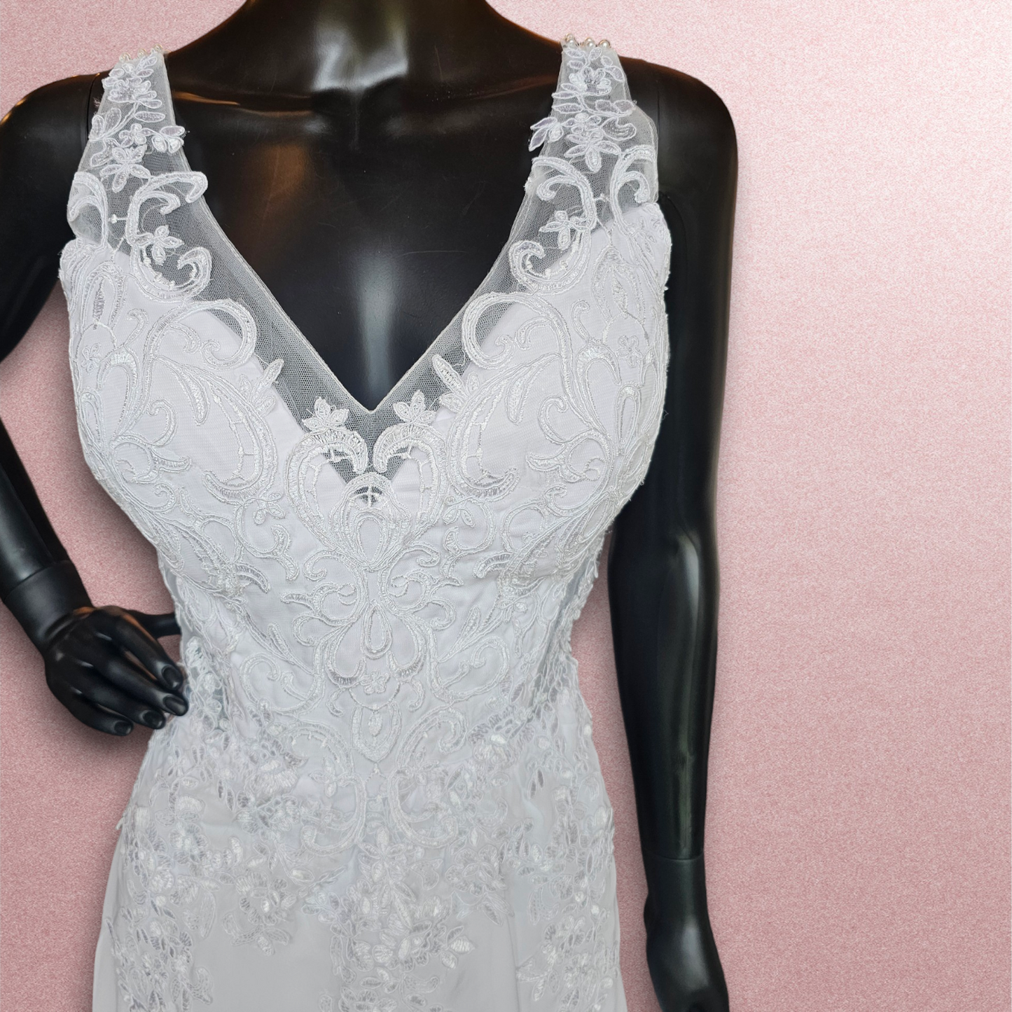 Lace Applique V-Neck Spaghetti Strap Chiffon Wedding Gown