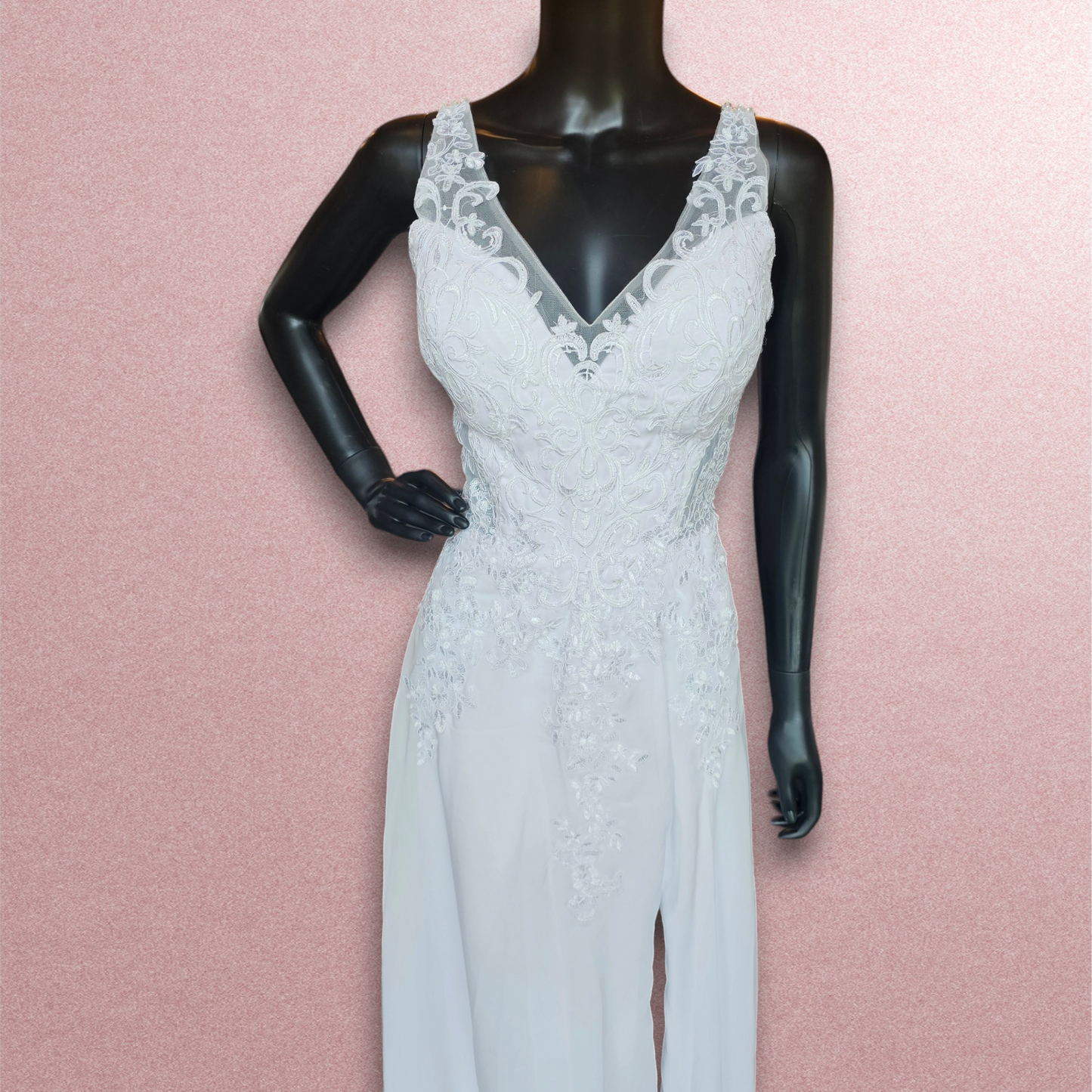 Lace Applique V-Neck Spaghetti Strap Chiffon Wedding Gown