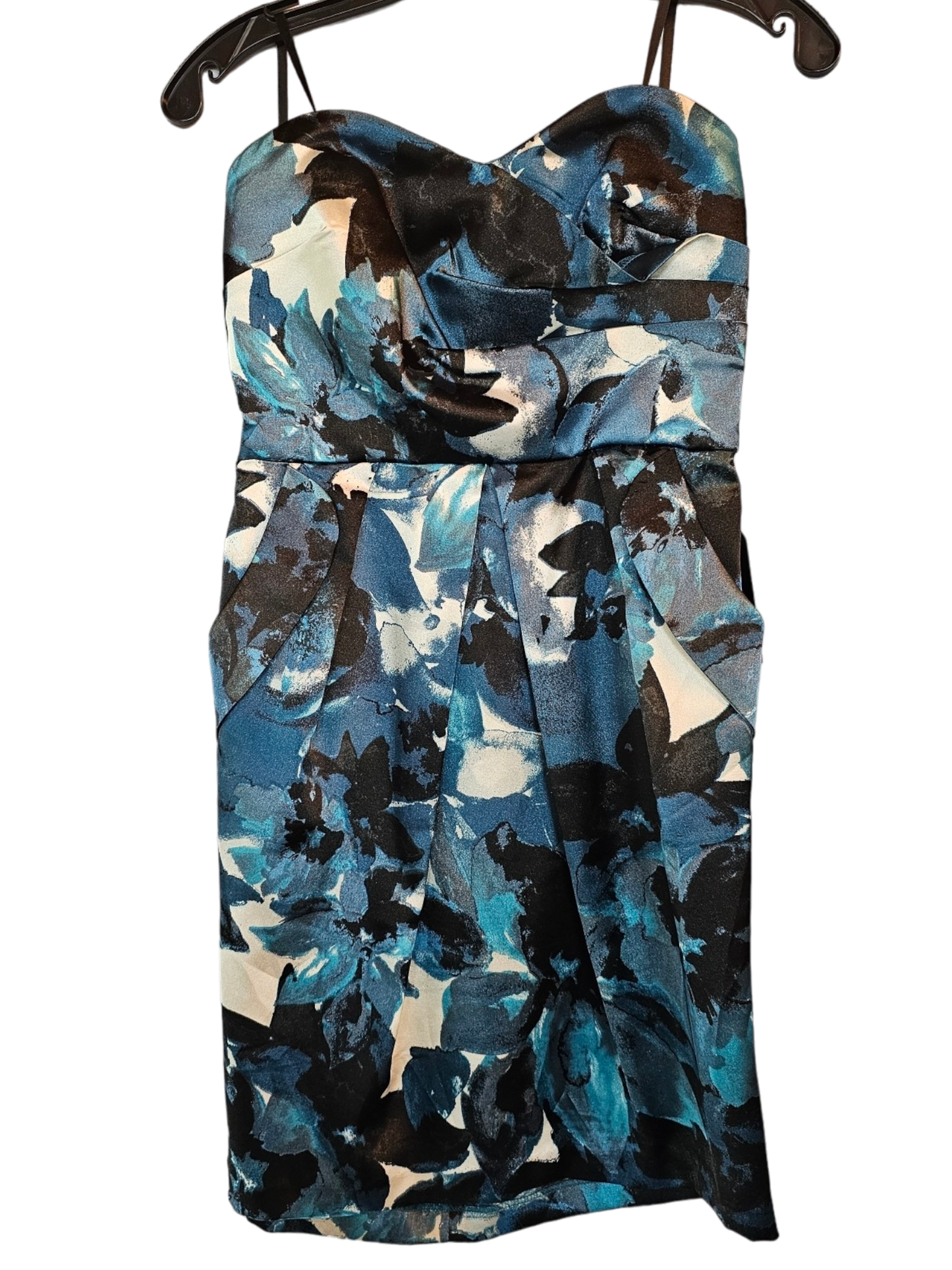 Black & Turquois Print Satin Knee Length Cocktail Dress / Party Dress