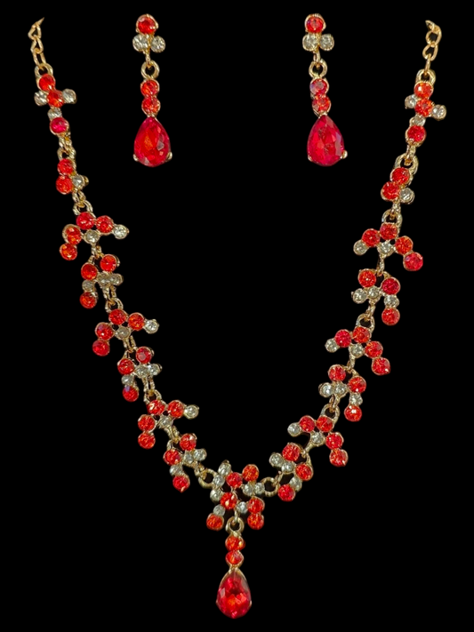 Red Crystal Necklace and Drop Earring Set