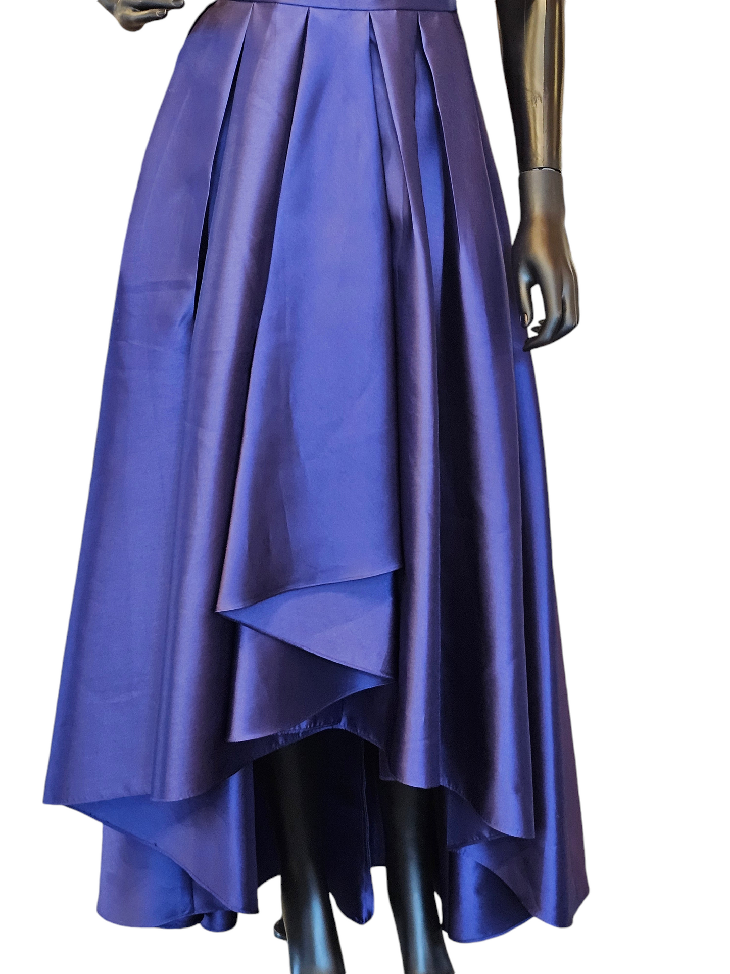 Navy Satin Twill Pleated Illusion Neckline Dress