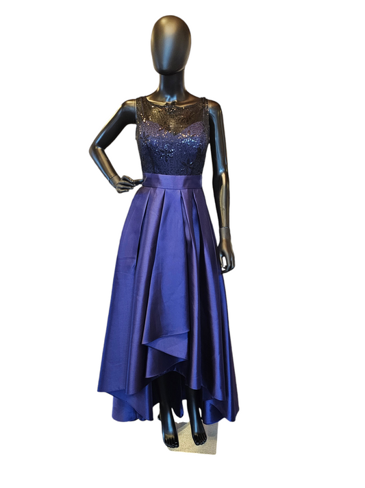 Navy Satin Twill Pleated Illusion Neckline Dress