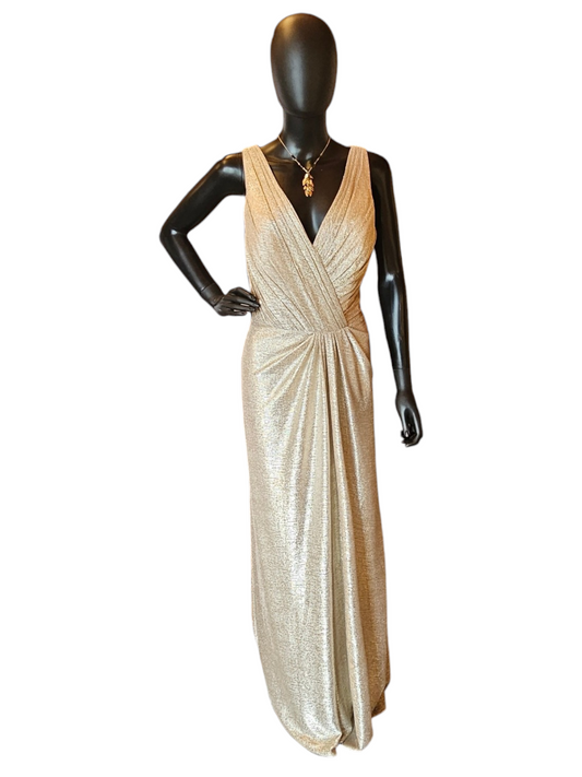 Hayley Paige Liquid Metallic Gold Maxi Formal Dress