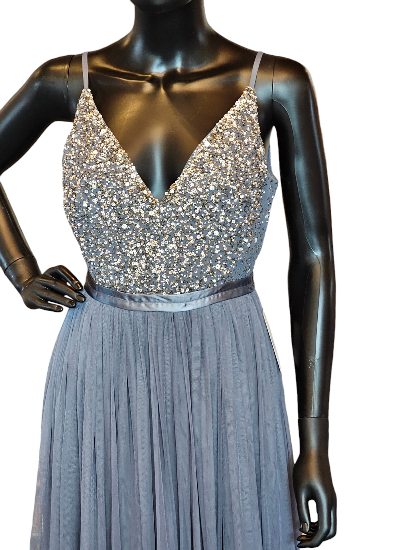 BHLDN Grey Tulle V-Neck Beaded Formal Dress