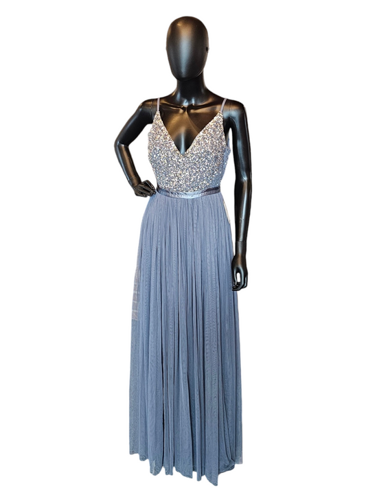 BHLDN Grey Tulle V-Neck Beaded Formal Dress