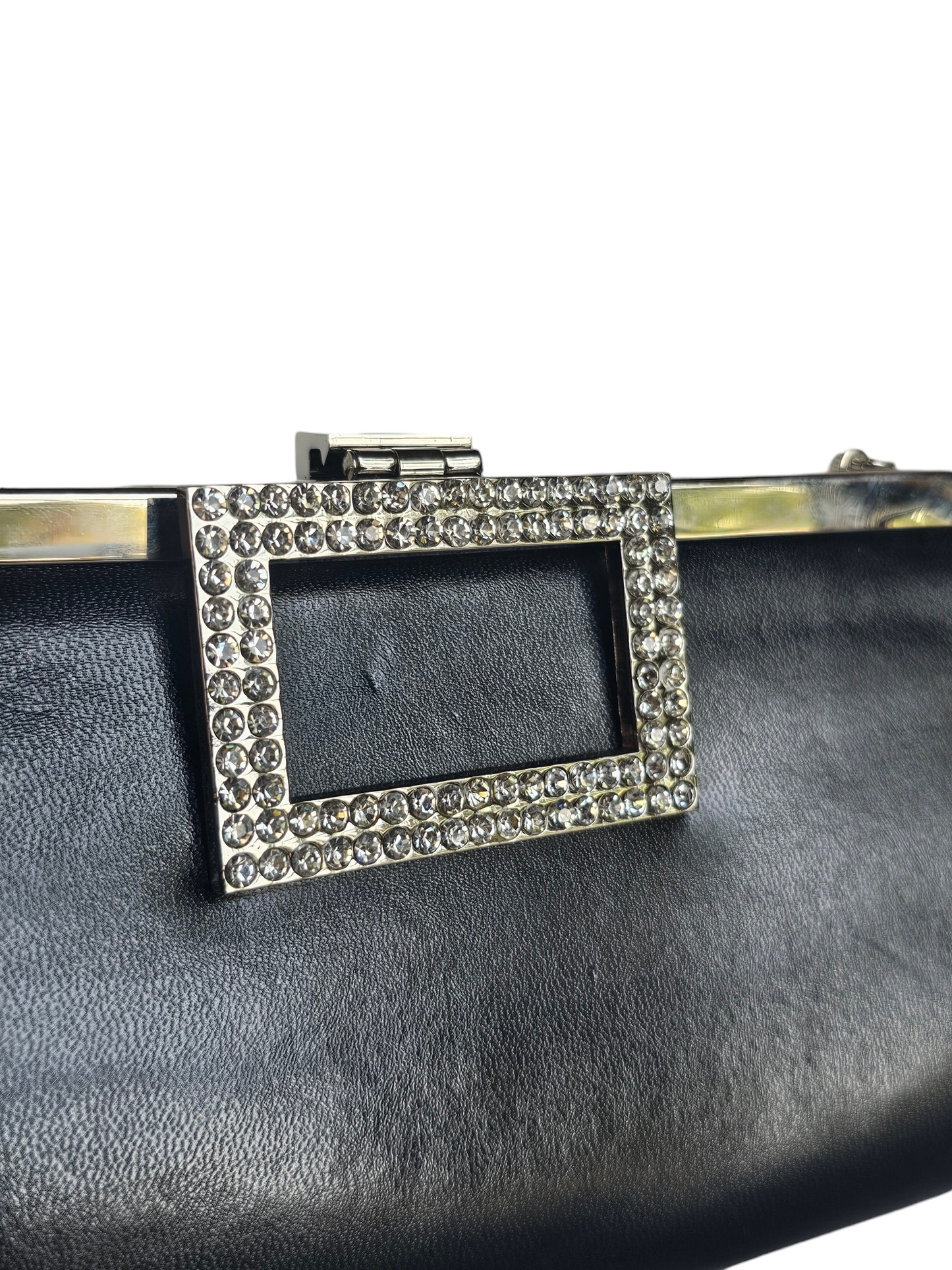 Black Leather Crystal Clasp Clutch