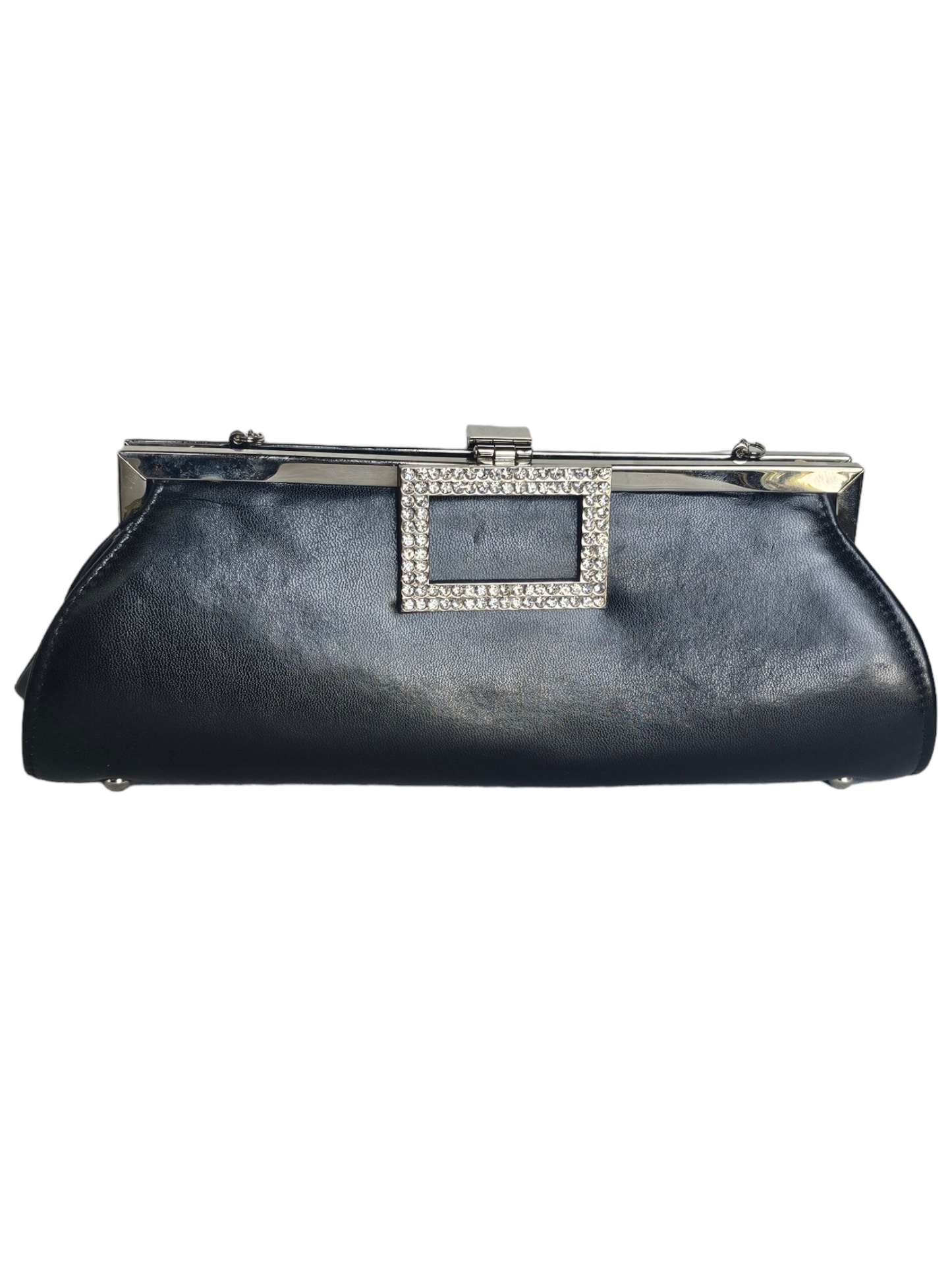 Black Leather Crystal Clasp Clutch