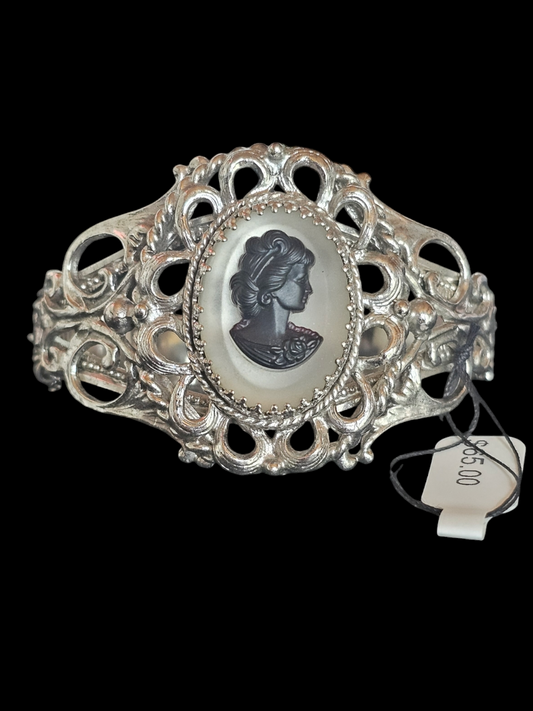 Cameo Silver Filigree Bracelet Cuff