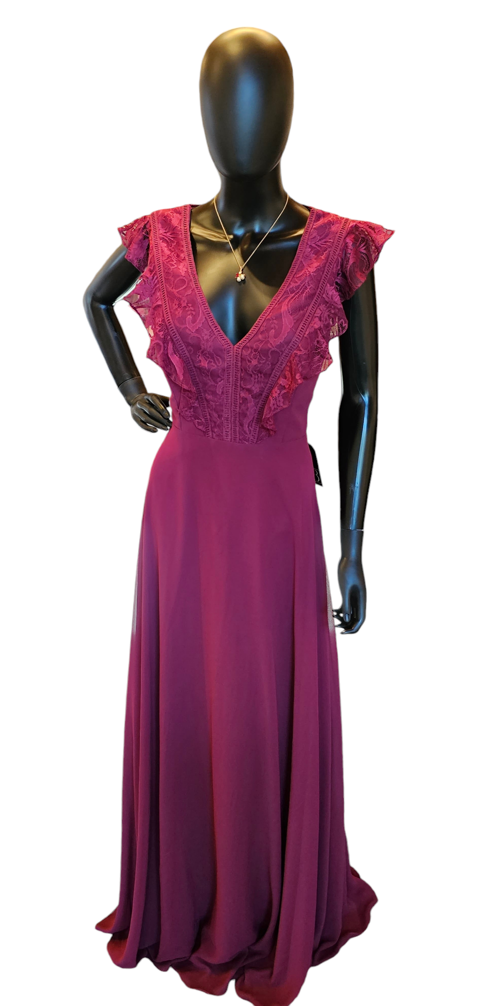 Hayley Paige Burgundy Lace Sleeve Maxi Formal Dress