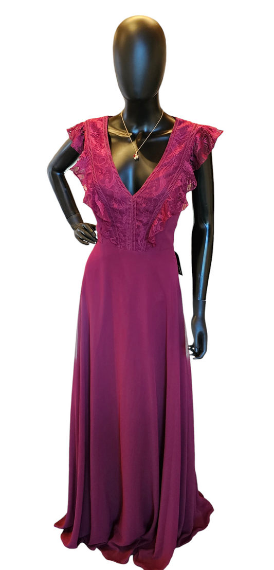 Hayley Paige Burgundy Lace Sleeve Maxi Formal Dress