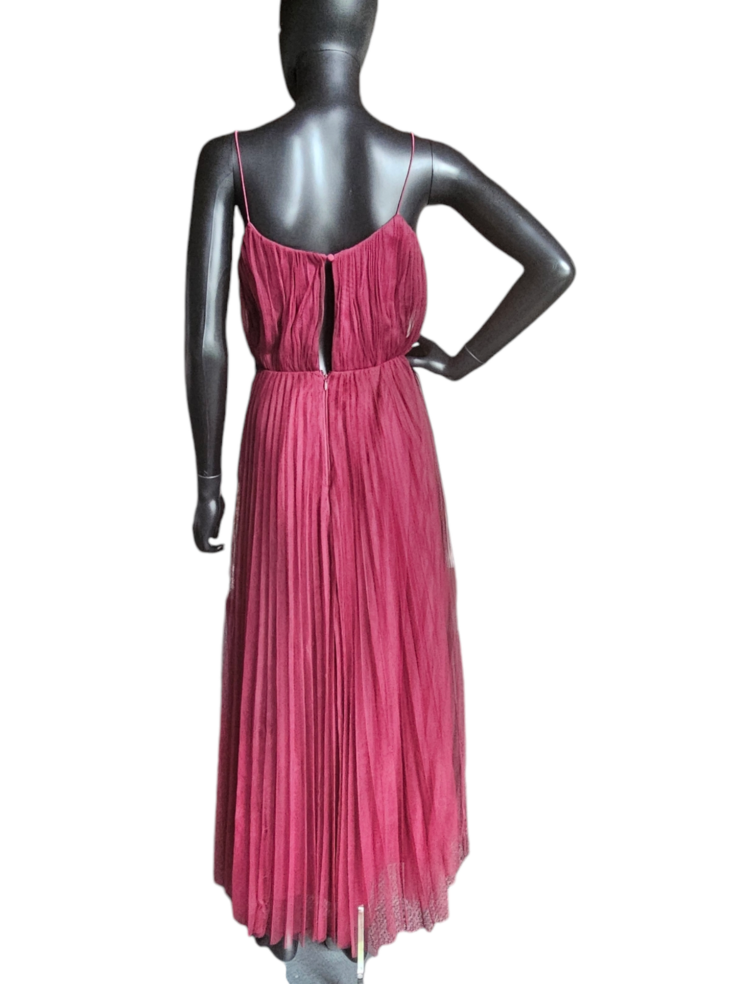 Oxblood Pleated Tulle Spaghetti Strap Formal Gown