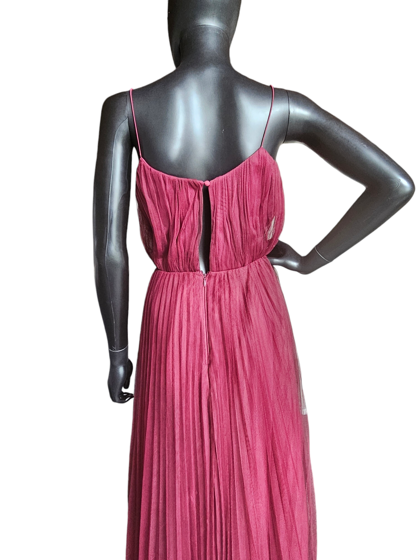 Oxblood Pleated Tulle Spaghetti Strap Formal Gown