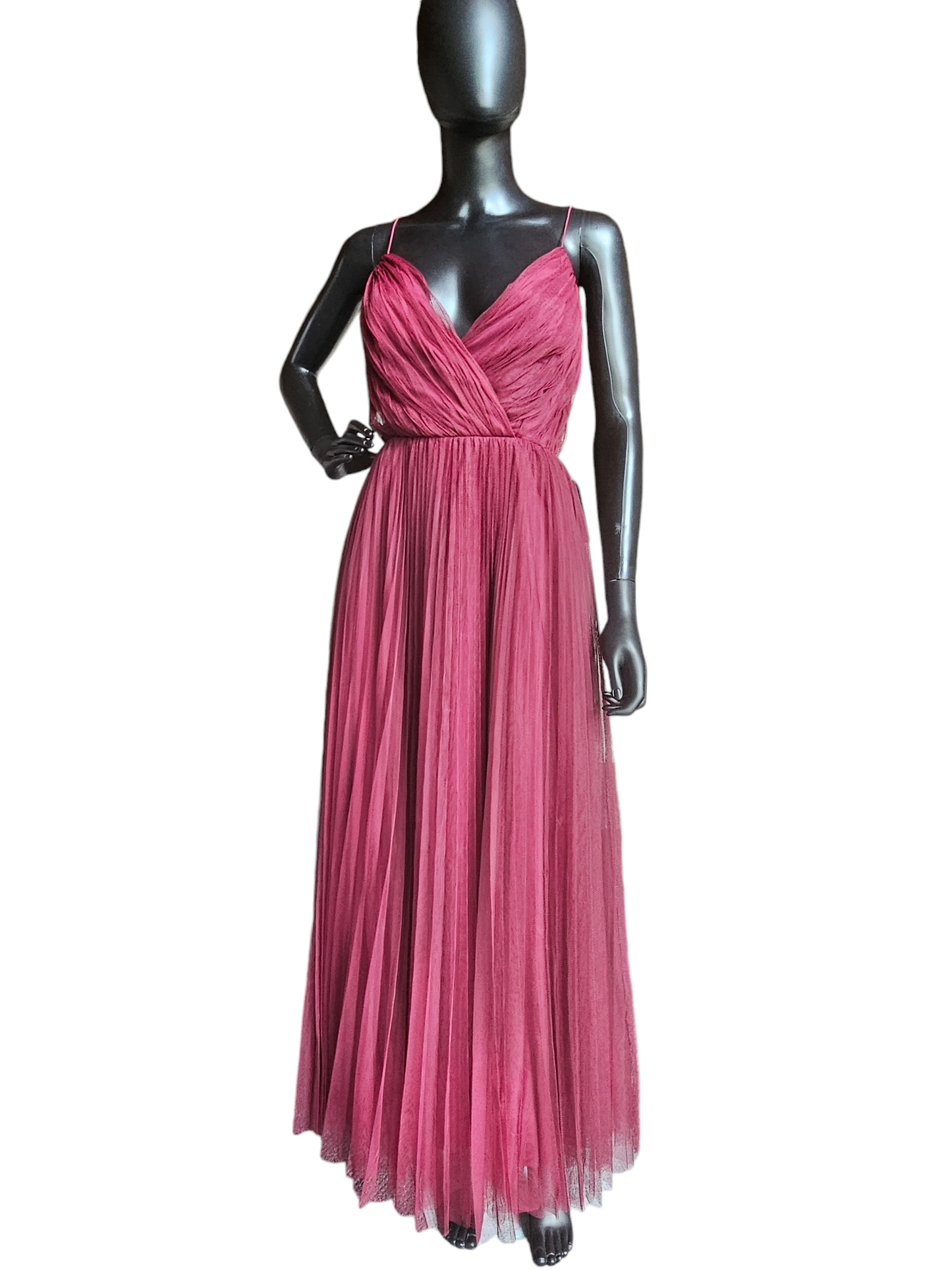 Oxblood Pleated Tulle Spaghetti Strap Formal Gown