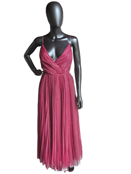 Oxblood Pleated Tulle Spaghetti Strap Formal Gown