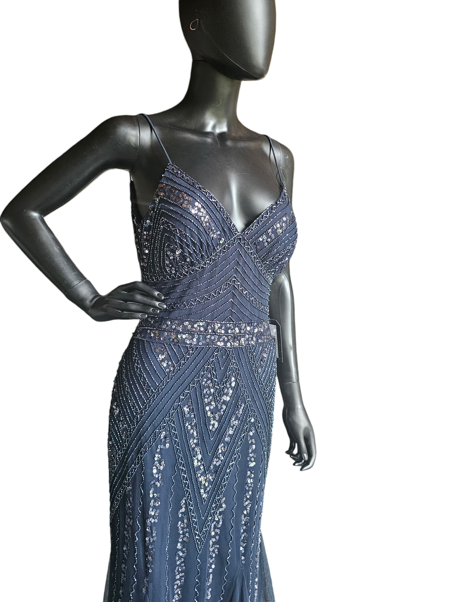 Navy Spaghetti Strap Full Beaded Dress