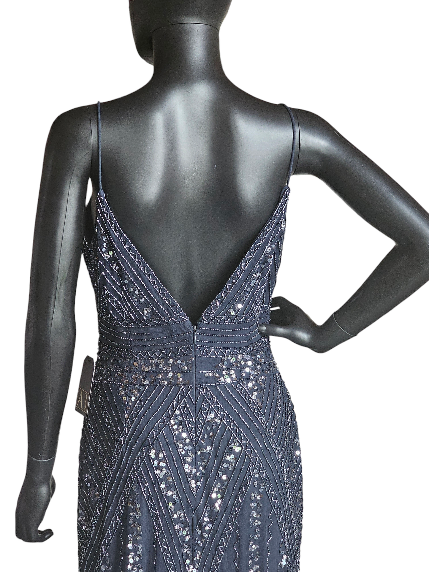 Navy Spaghetti Strap Full Beaded Dress