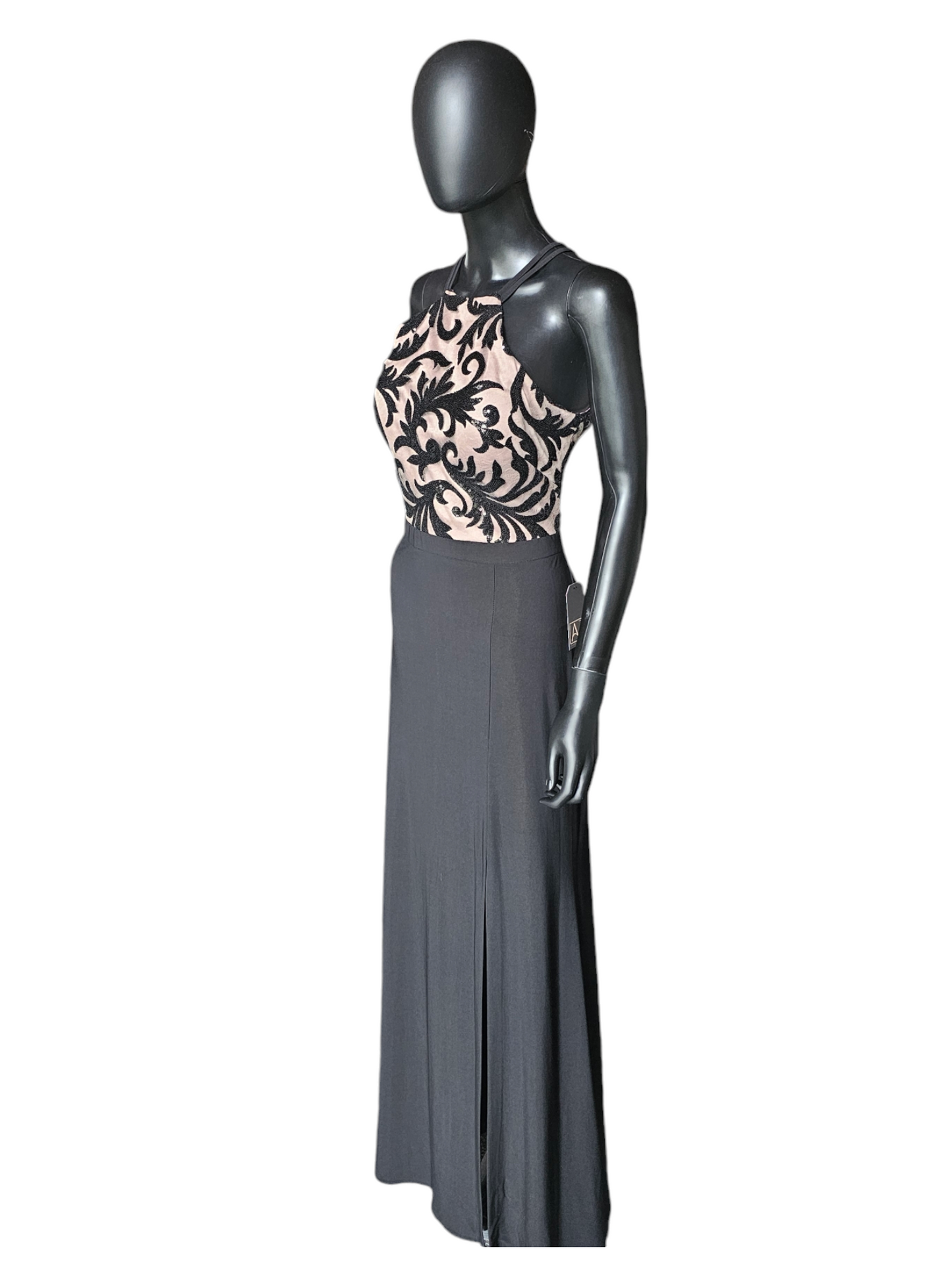 Black/Nude Halter Full Length Formal Gown W/Side Slit