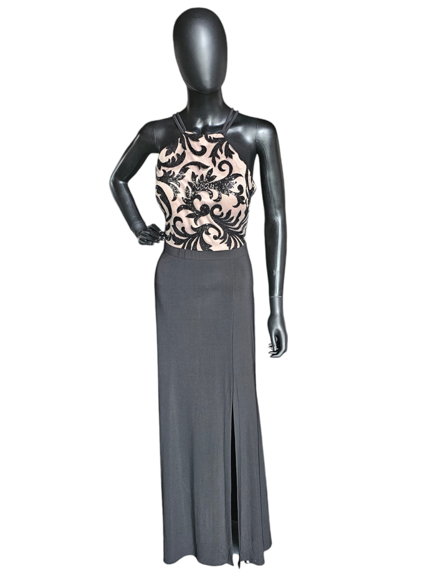 Black/Nude Halter Full Length Formal Gown W/Side Slit