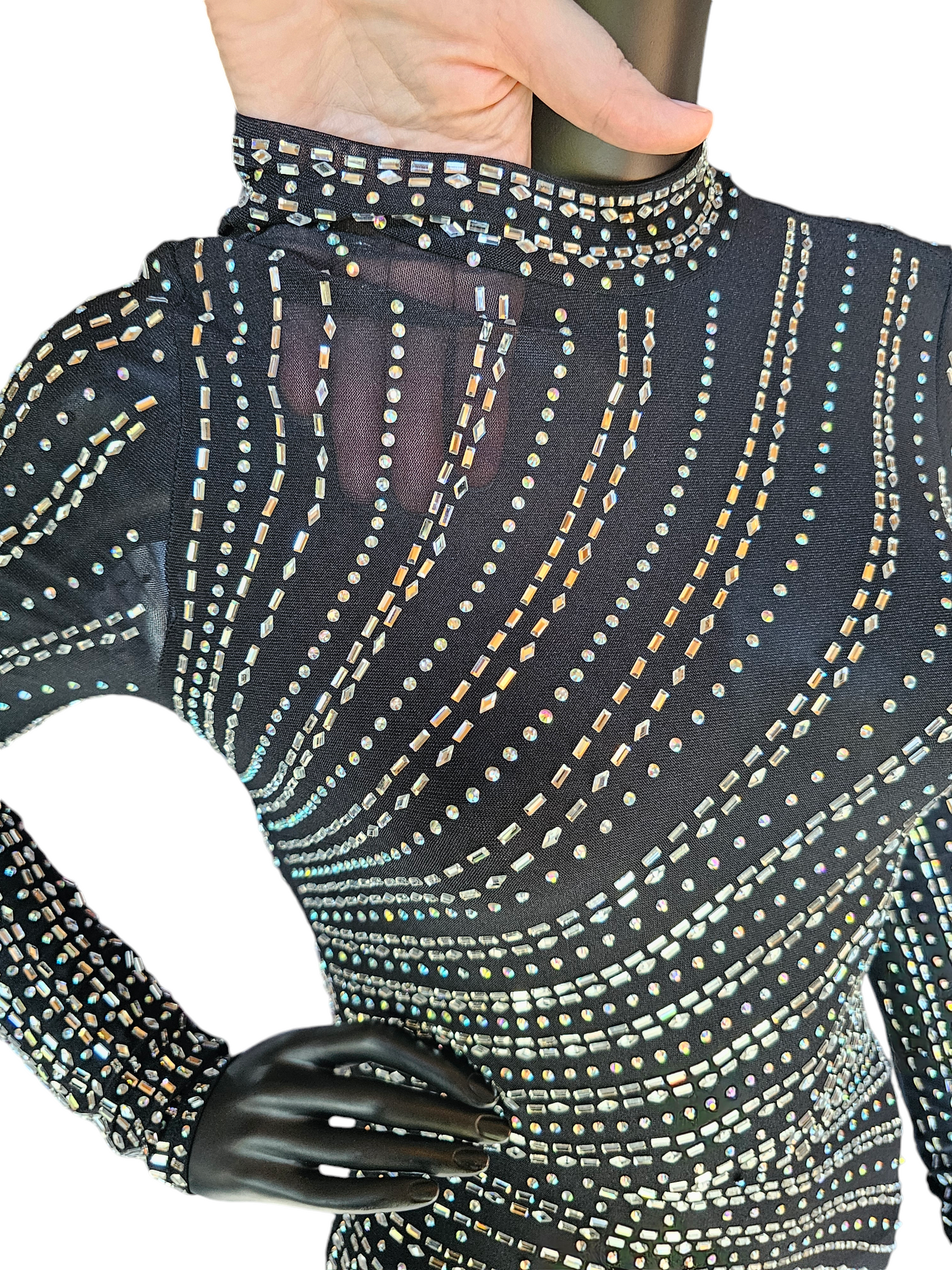 Black/Crystal High Collar Long Sleeve Formal