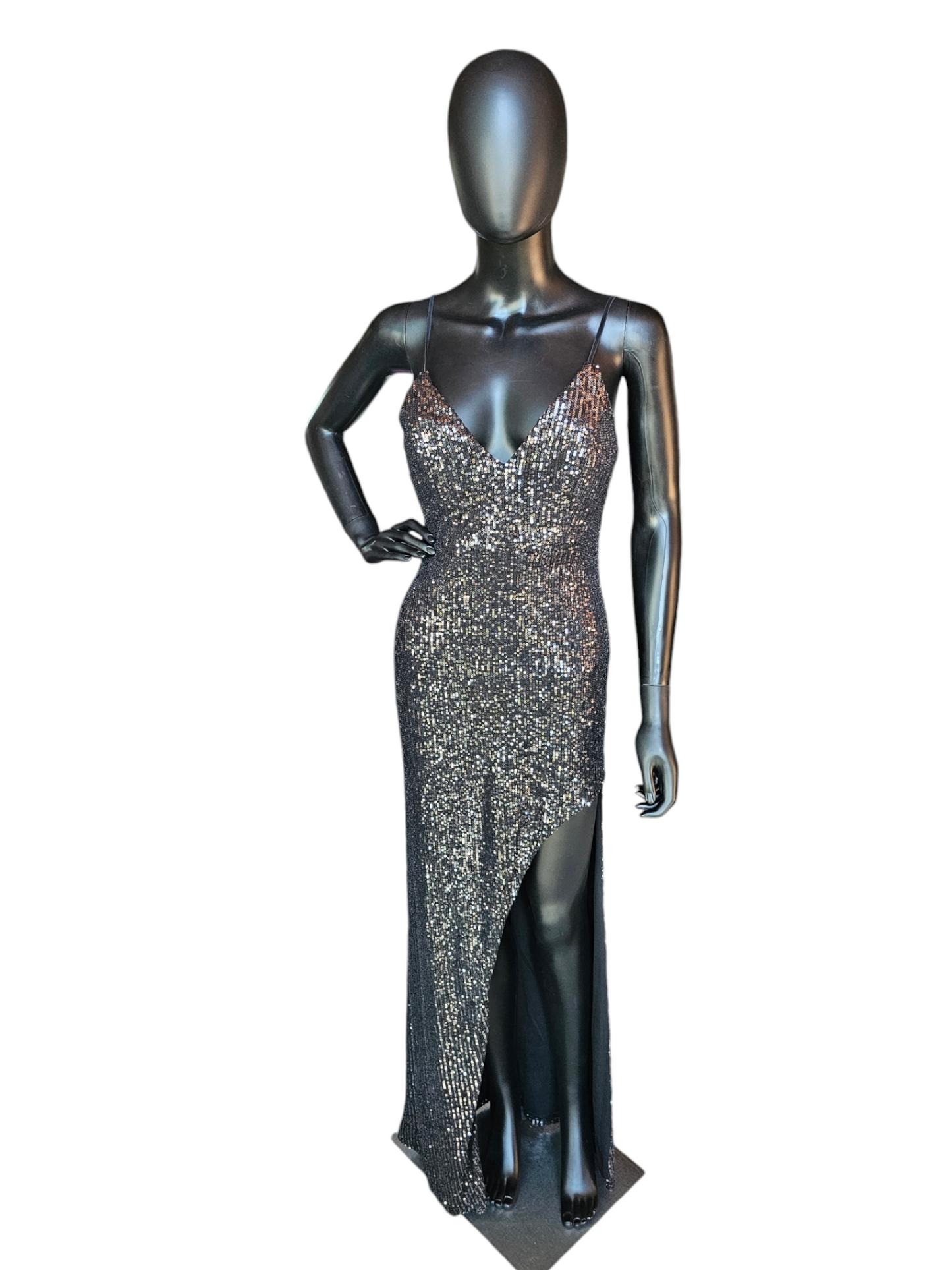 Crystal Doll Black Sequin Thigh Slit Formal Gown