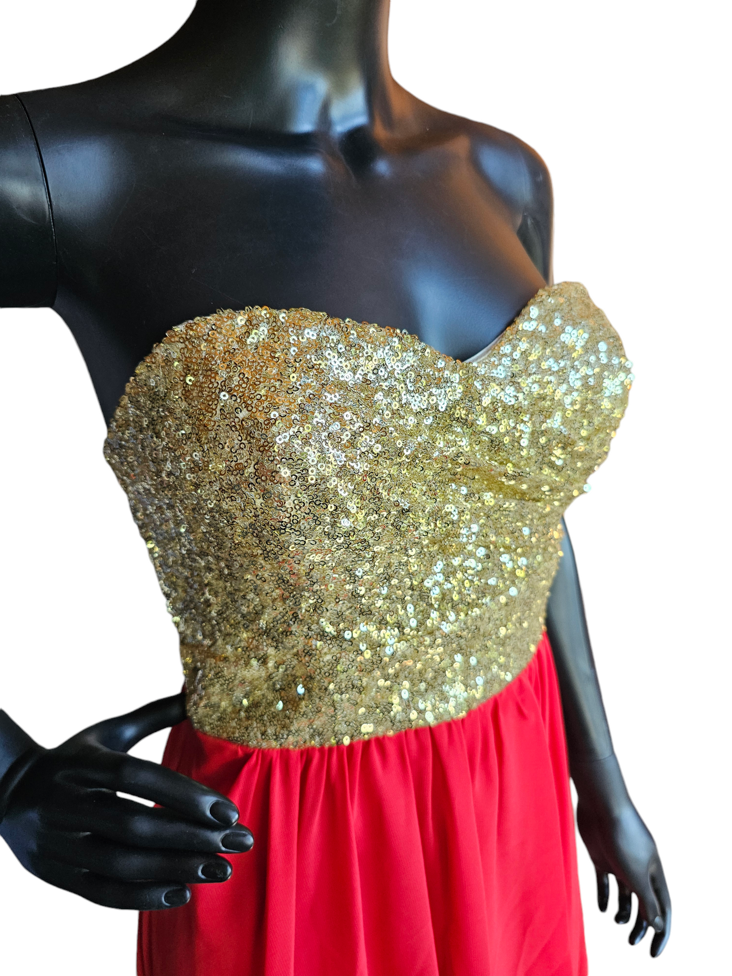 Gold Sequin/Red Chiffon High Low Party Dress