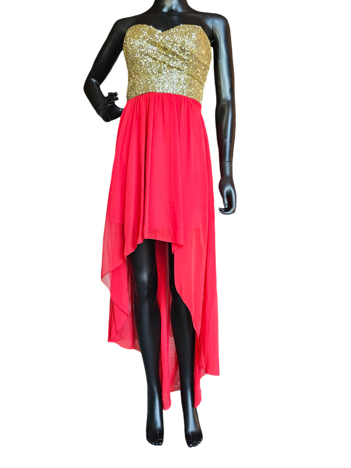 Gold Sequin/Red Chiffon High Low Party Dress