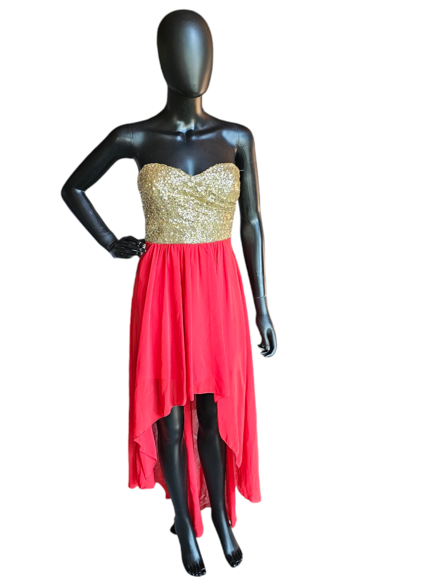 Gold Sequin/Red Chiffon High Low Party Dress