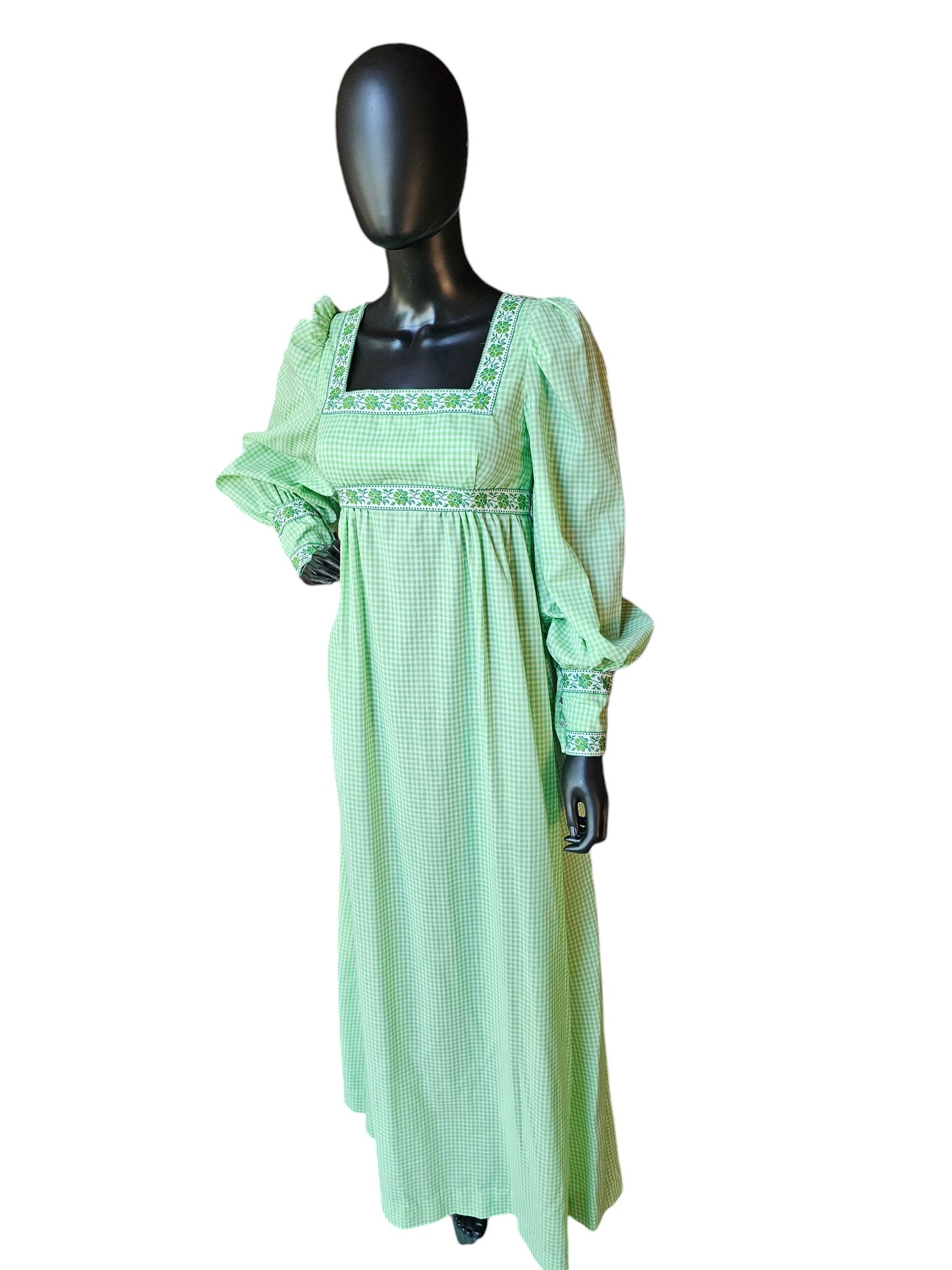 Green Checked Square Neck Prairie-Core Maxi Gown