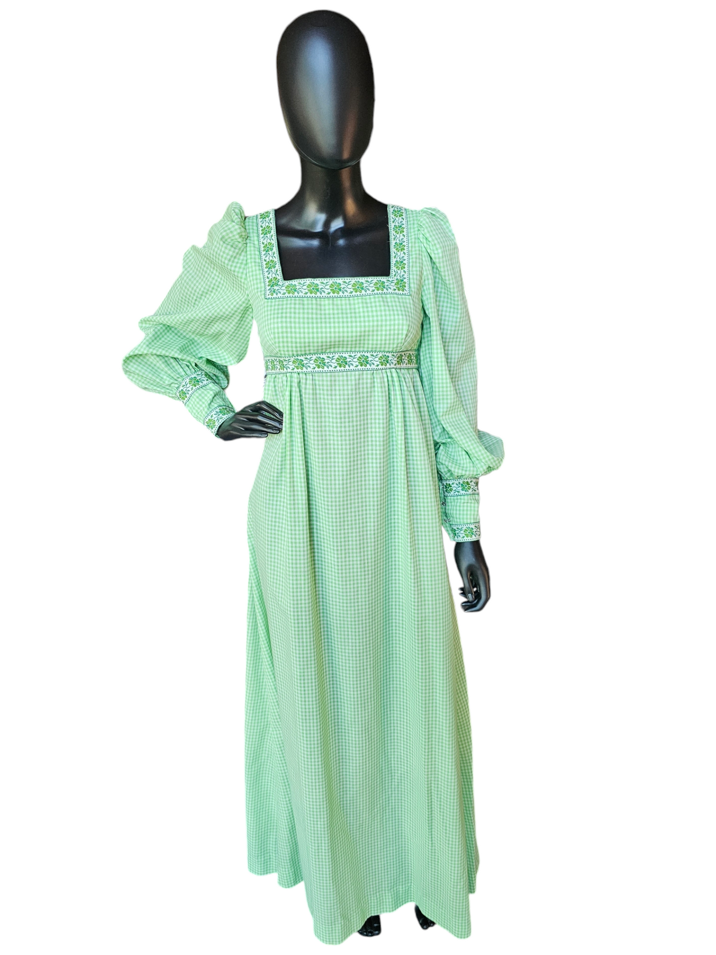 Green Checked Square Neck Prairie-Core Maxi Gown