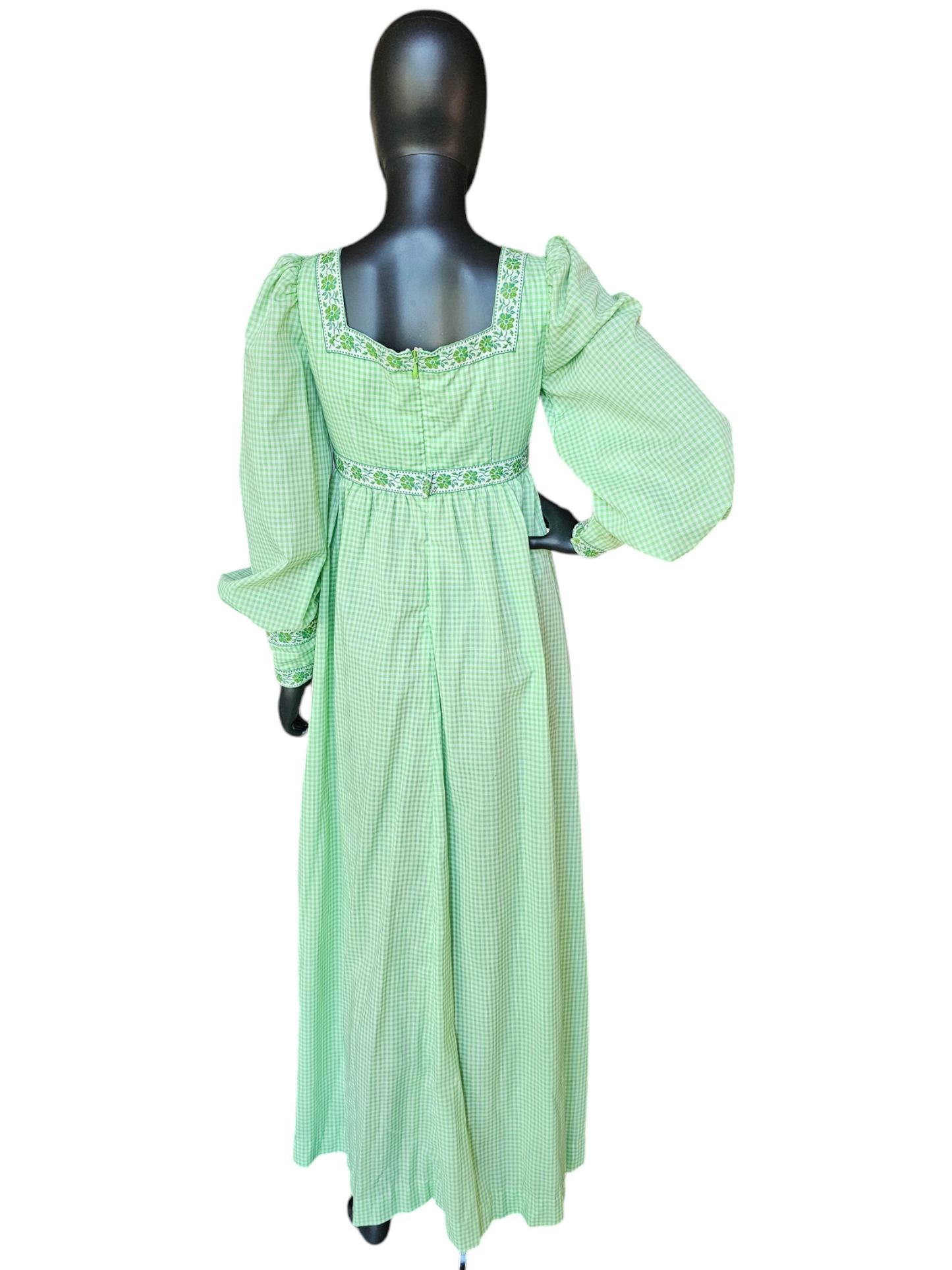 Green Checked Square Neck Prairie-Core Maxi Gown