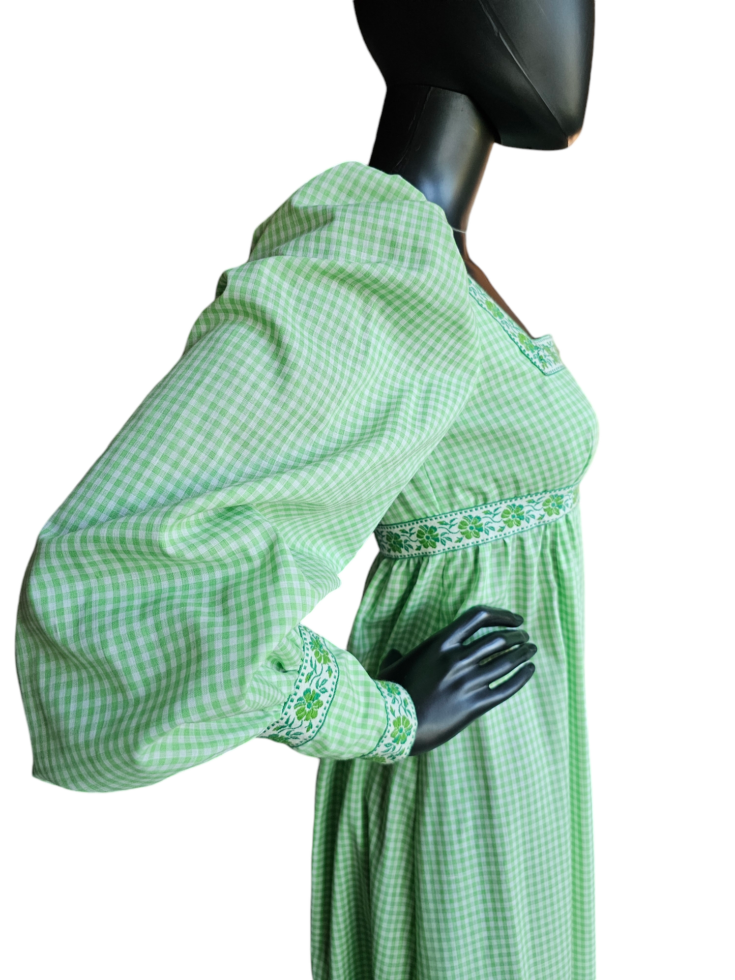 Green Checked Square Neck Prairie-Core Maxi Gown