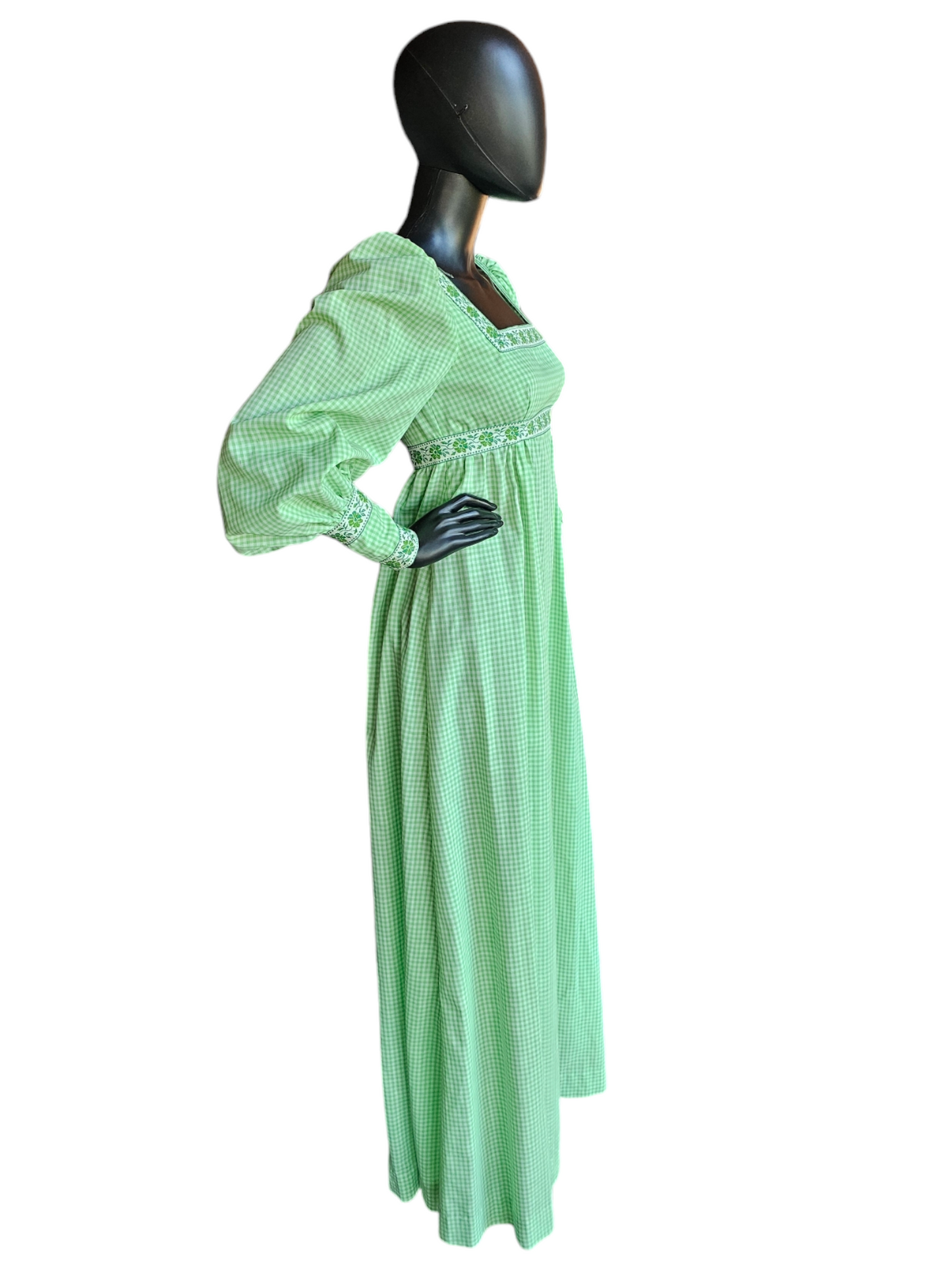 Green Checked Square Neck Prairie-Core Maxi Gown