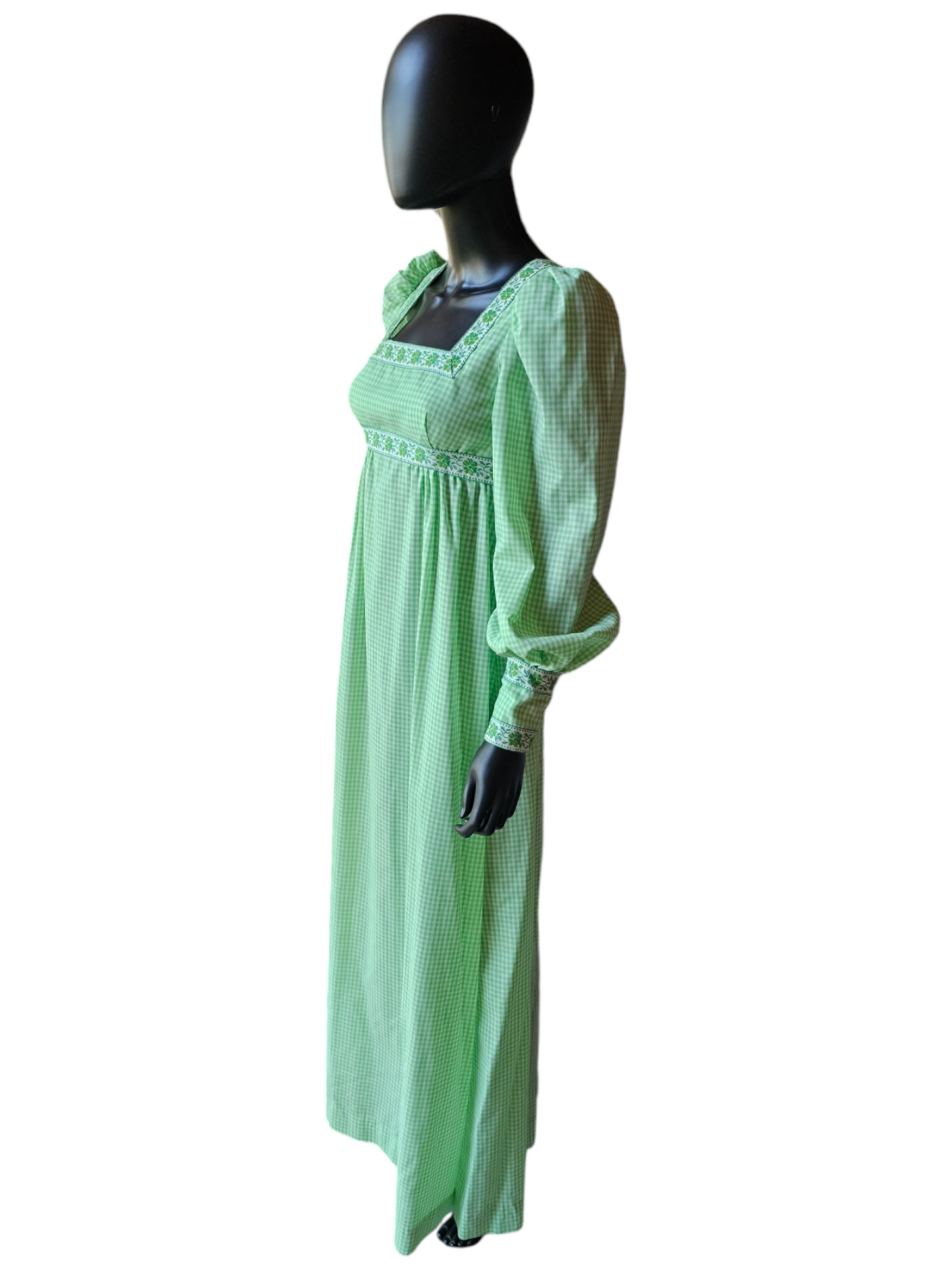 Green Checked Square Neck Prairie-Core Maxi Gown