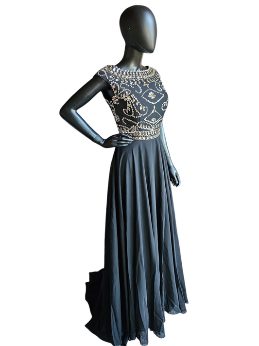 Black Chiffon Boatneck Large Crystal Bodice Full Length Formal Gown