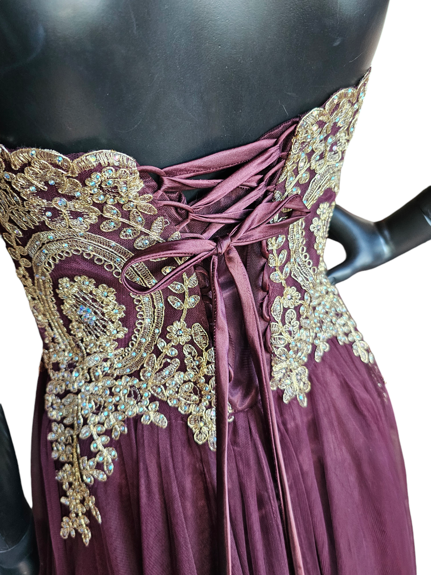 Burgandy/Gold Lace A-Line Tulle Formal Gown