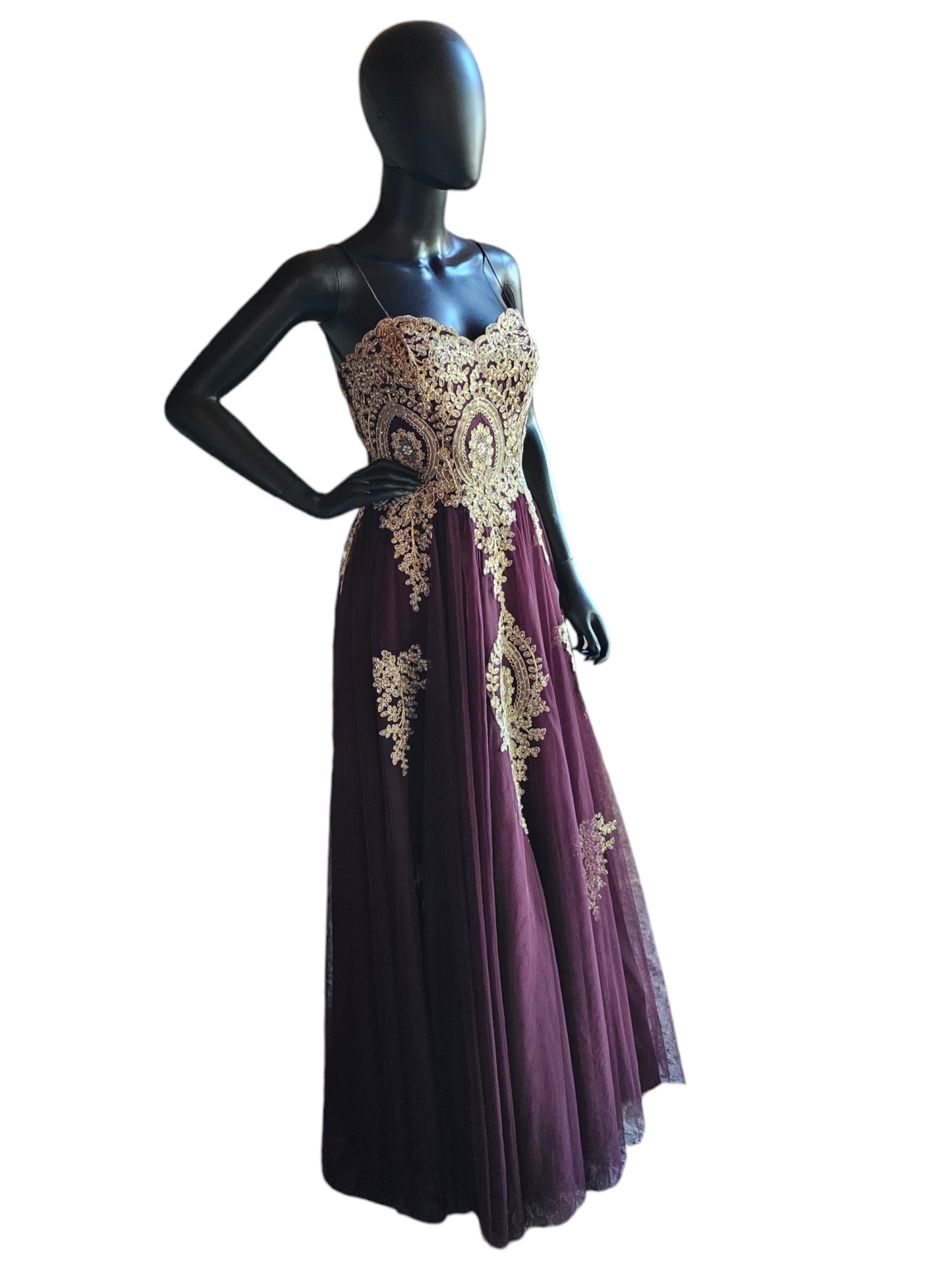 Burgandy/Gold Lace A-Line Tulle Formal Gown