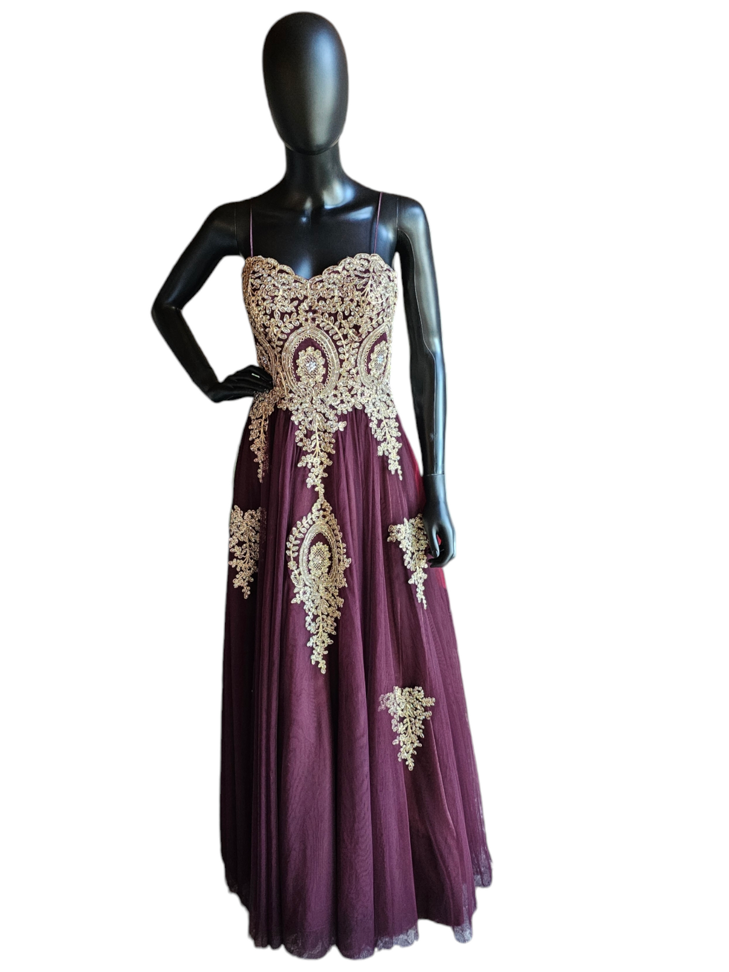 Burgandy/Gold Lace A-Line Tulle Formal Gown