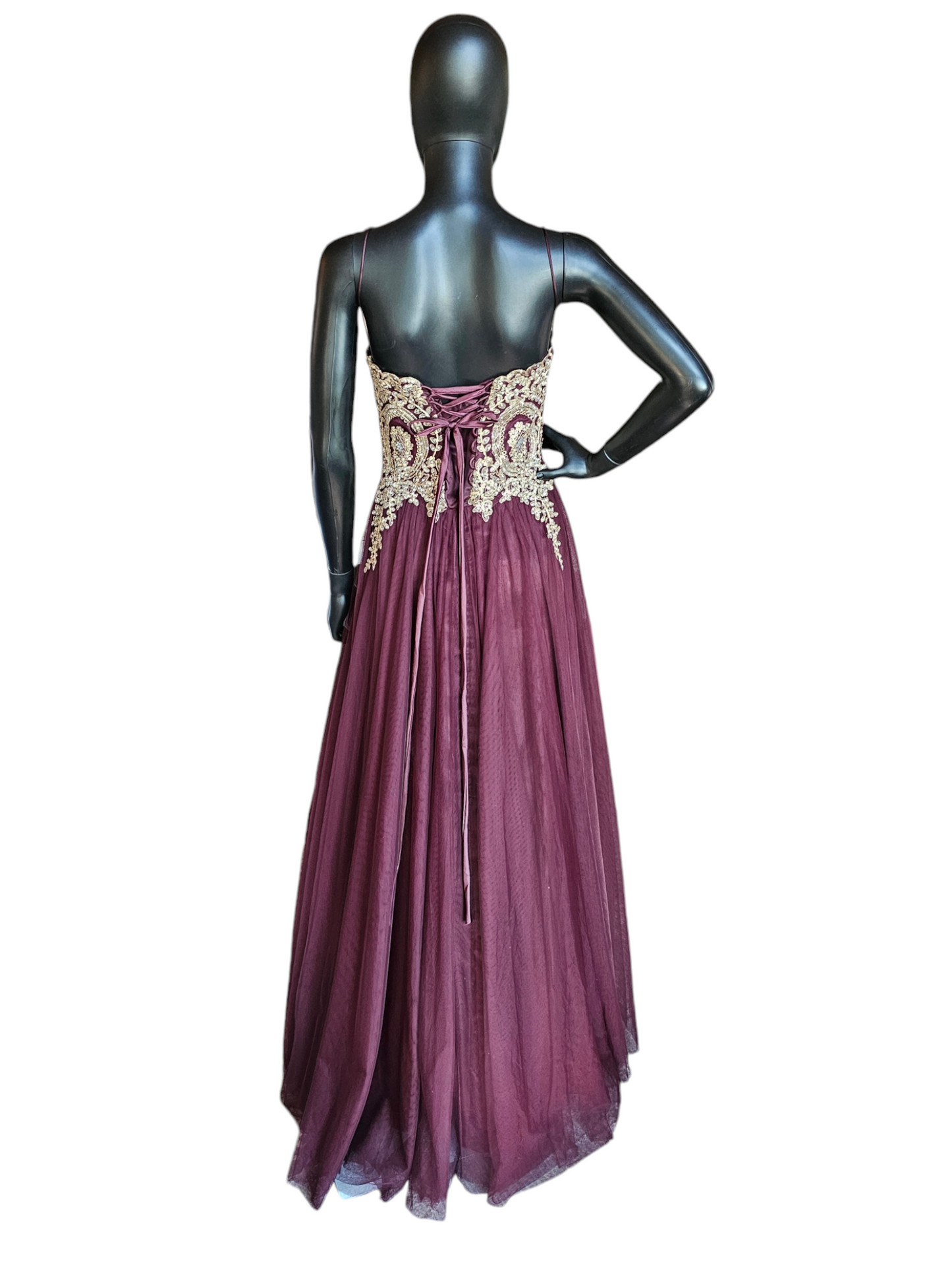 Burgandy/Gold Lace A-Line Tulle Formal Gown