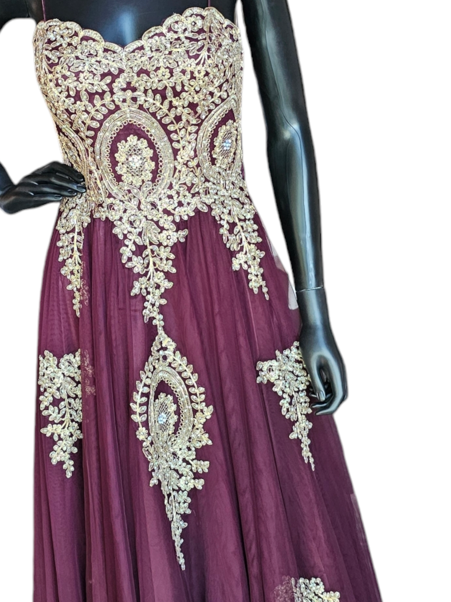 Burgandy/Gold Lace A-Line Tulle Formal Gown